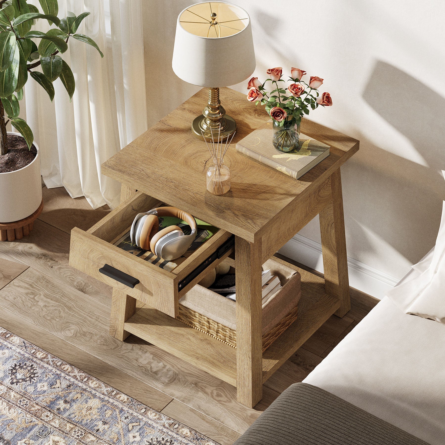 Mesita de noche con cajón y estante, Mesa auxiliar de estilo rústico para dormitorio y sala de estar