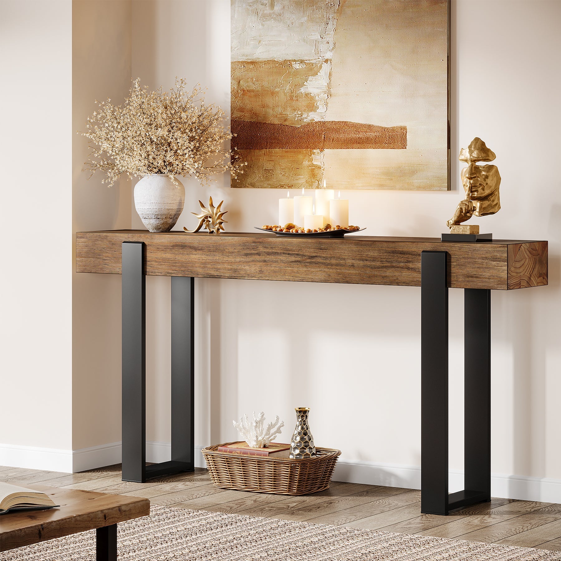 Tribesigns Mesa consola de madera maciza de 160 x 30 cm con patas de soporte metálicas