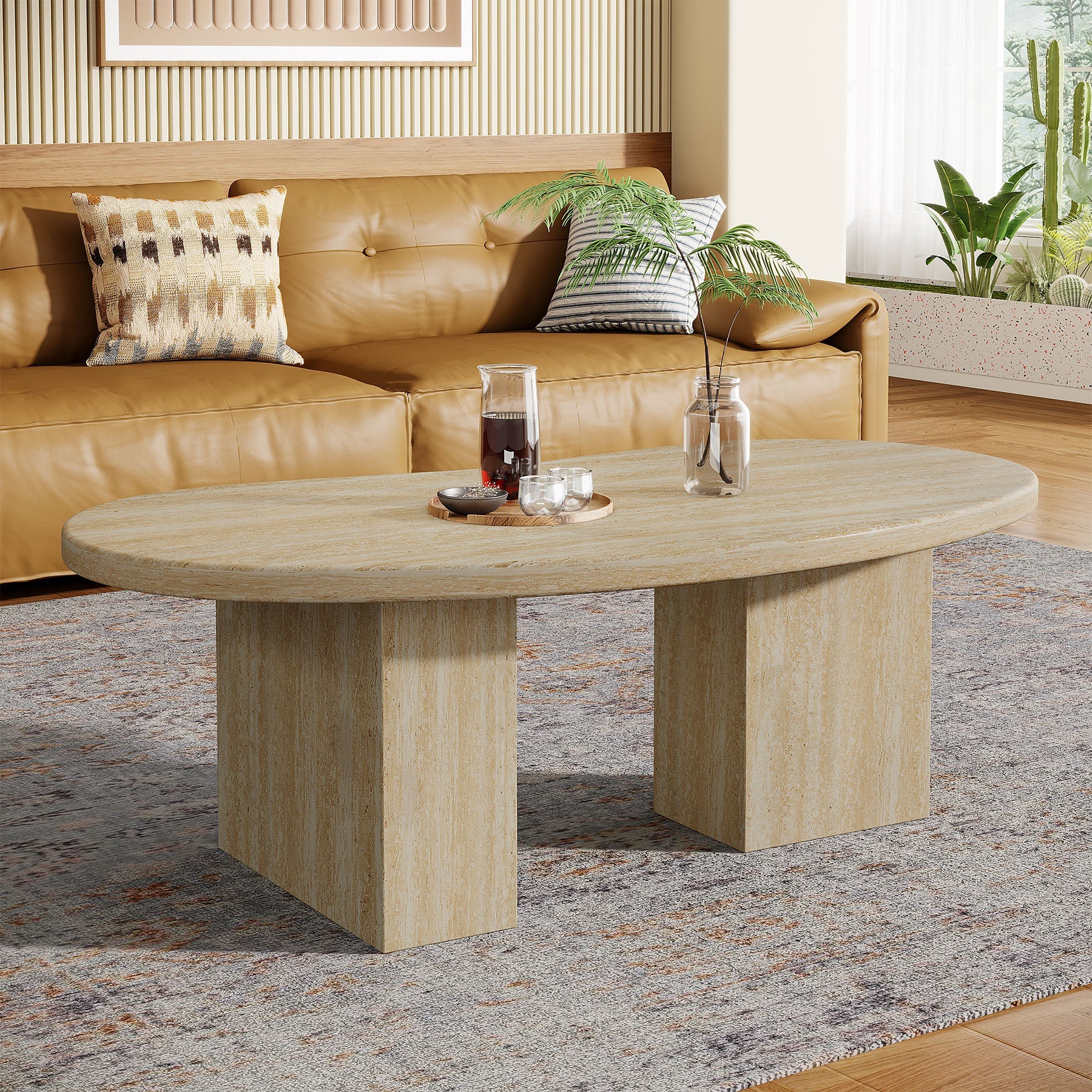 Tribesigns Mesa de centro de 115 cm, Mesa de cóctel ovalada con pedestal asimétrico