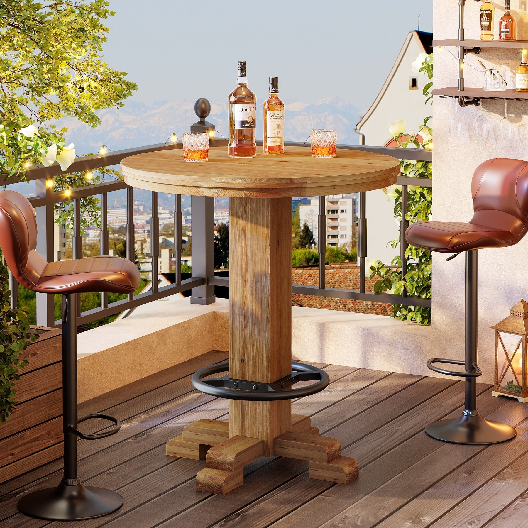 Mesa redonda de bar de madera maciza, Mesa de bistró de 95 cm de altura con reposapiés de metal