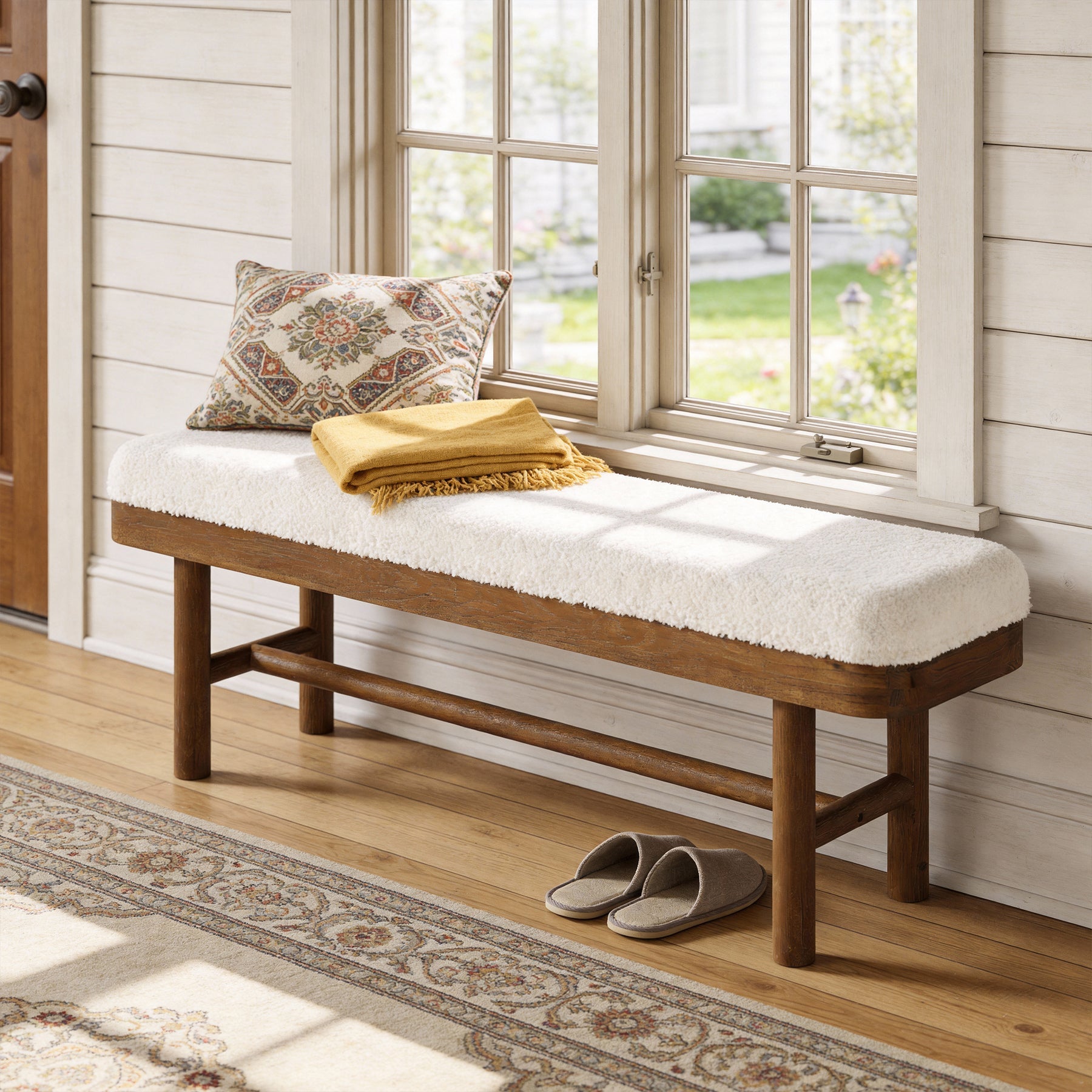 Tribesigns Banco tapizado de 140 cm, Fabricado en madera maciza Banco para dormitorio con funda de felpa
