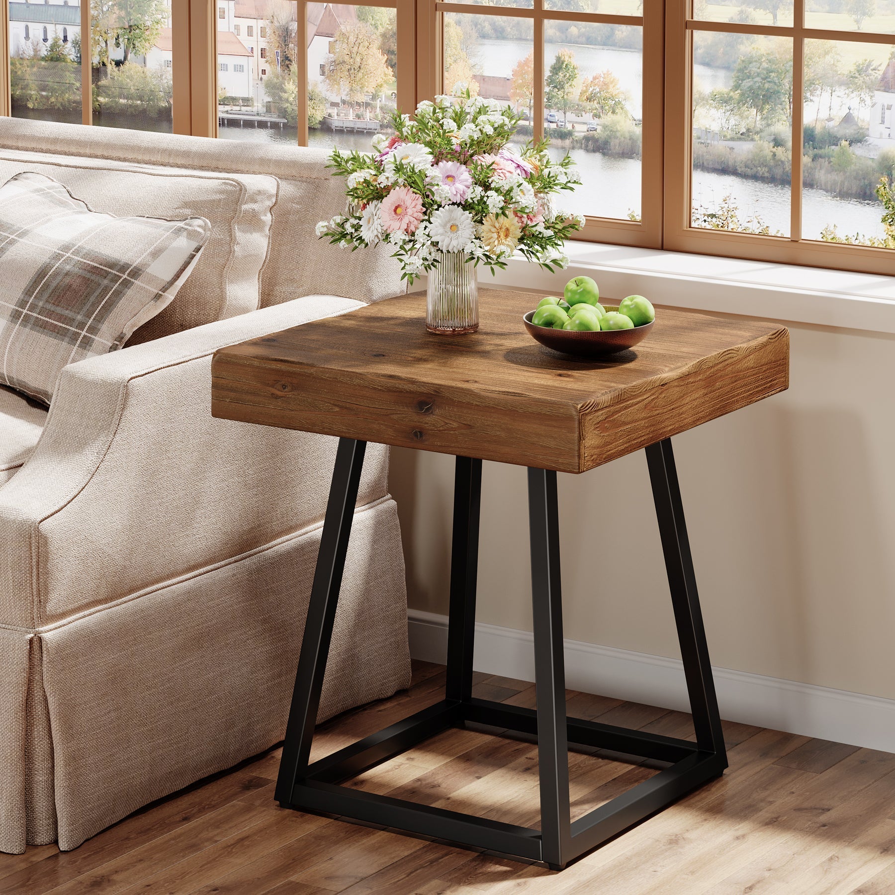 Tribesigns Mesita auxiliar de madera maciza 50 cm, Mesita de noche cuadrada con base metálica