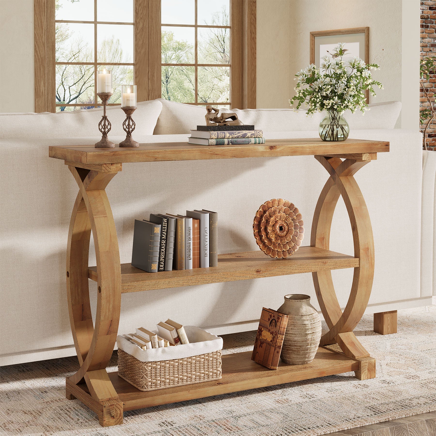 Tribesigns Consola de madera maciza de 105 cm, Mesa de sofá estrecha con 3 estantes y diseño lateral de cola de pez