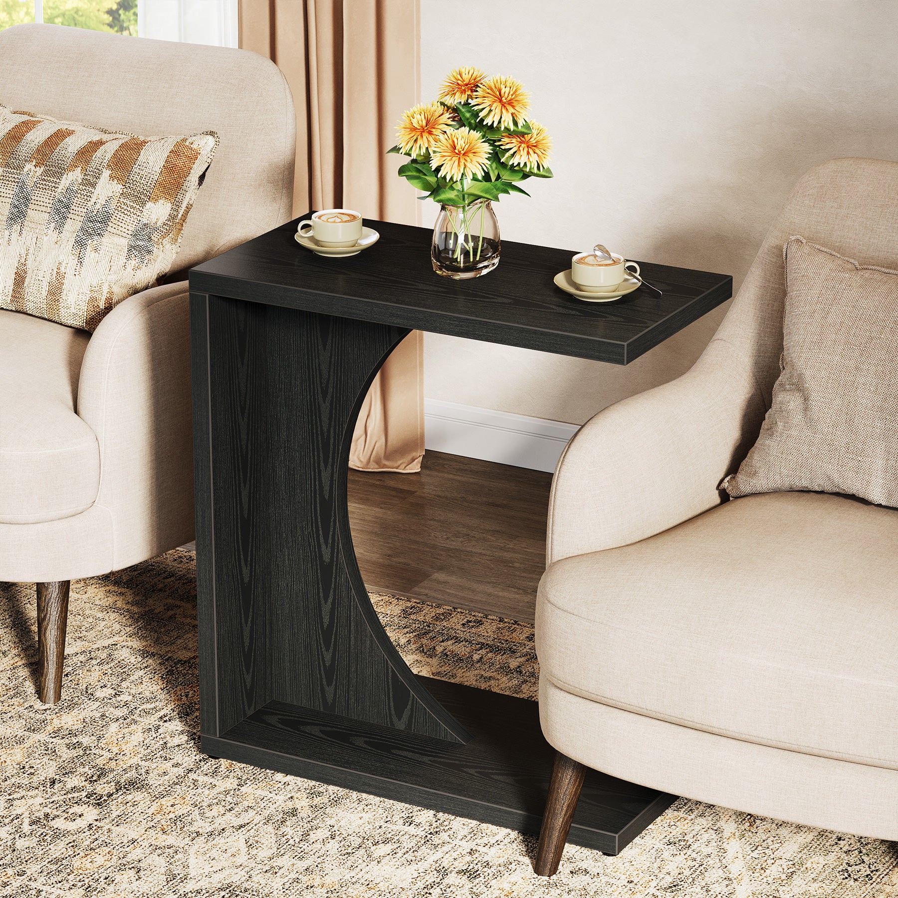 Tribesigns Mesa auxiliar en forma de C, Mesa de sofá rústica de 60×30×65 cm