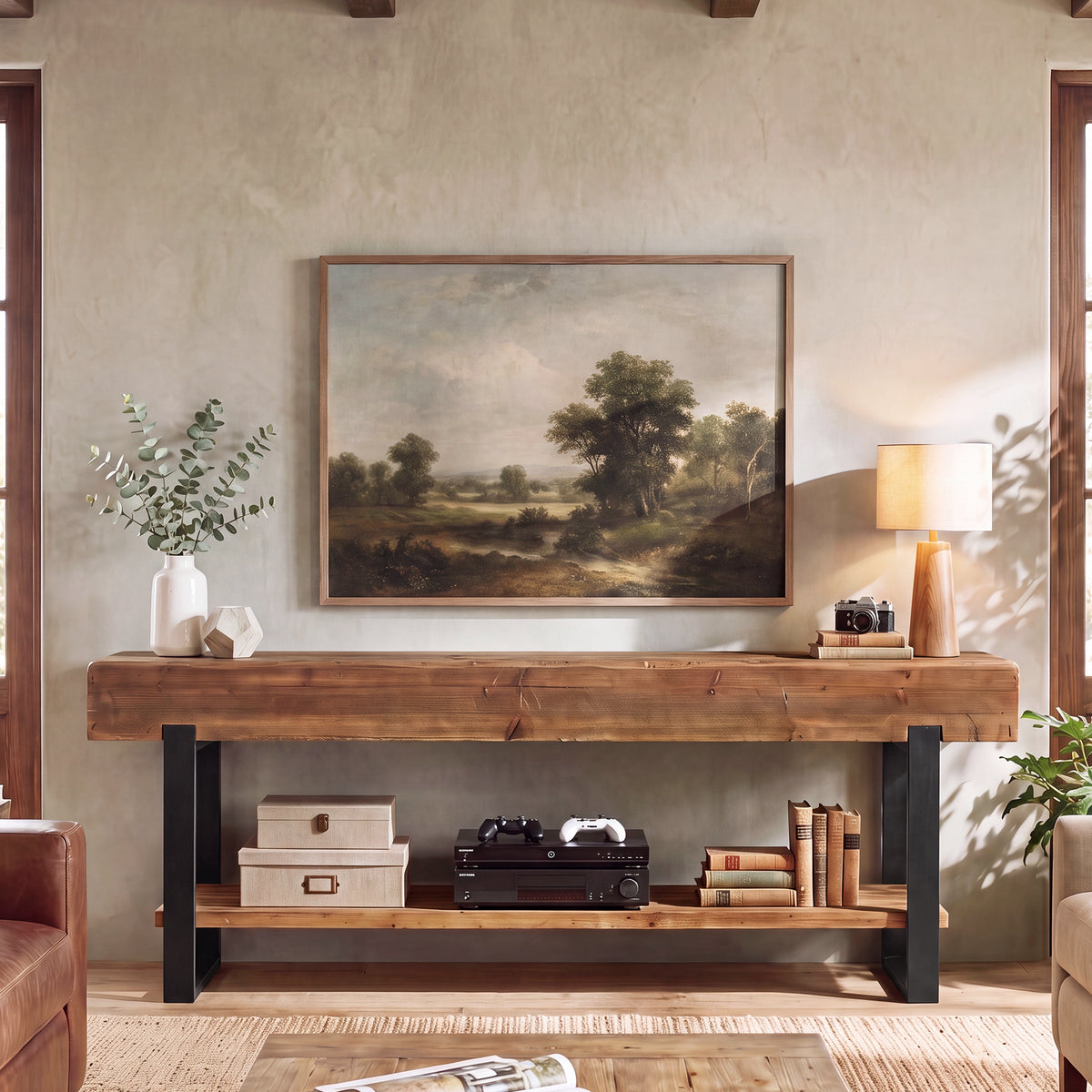 Tribesigns Mueble para TV de madera maciza para televisores, Centro de entretenimiento de estilo industrial de 2 niveles con estructura metálica