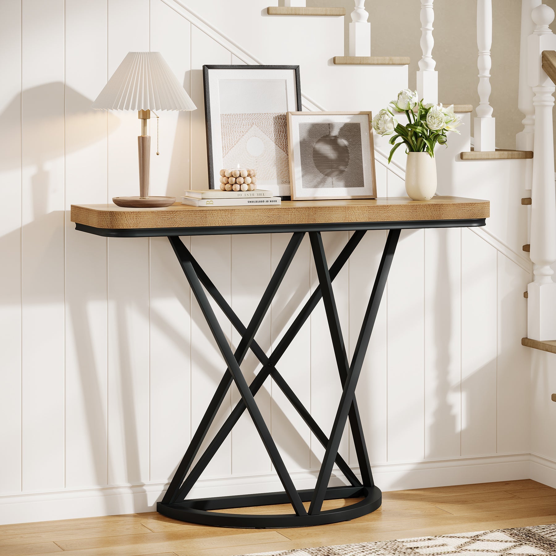Tribesigns Consola industrial de 105 cm, Mesa de entrada estrecha con base metálica geométrica