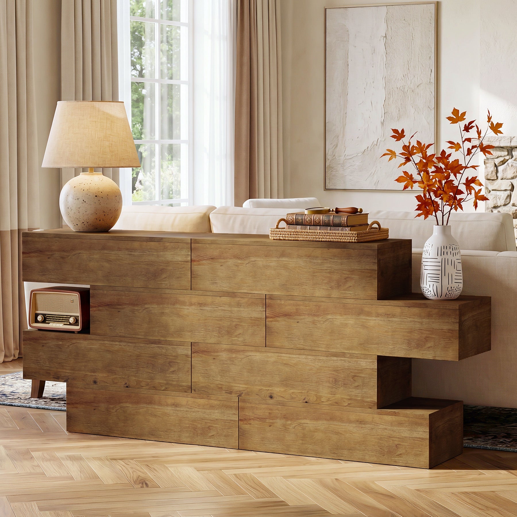 Consola de madera maciza de 110 cm con 4 estantes, Mesa estrecha para recibidor de estilo rústico