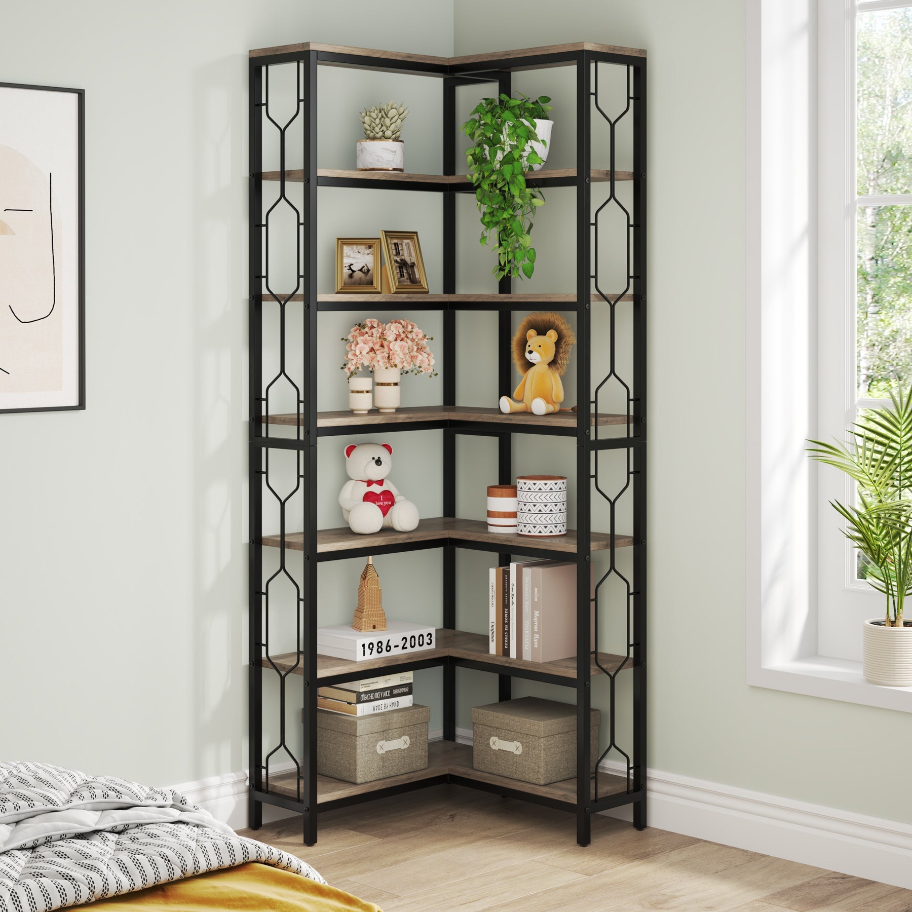 Tribesigns Estantería esquinera de madera y metal, Librería industrial de 7 niveles