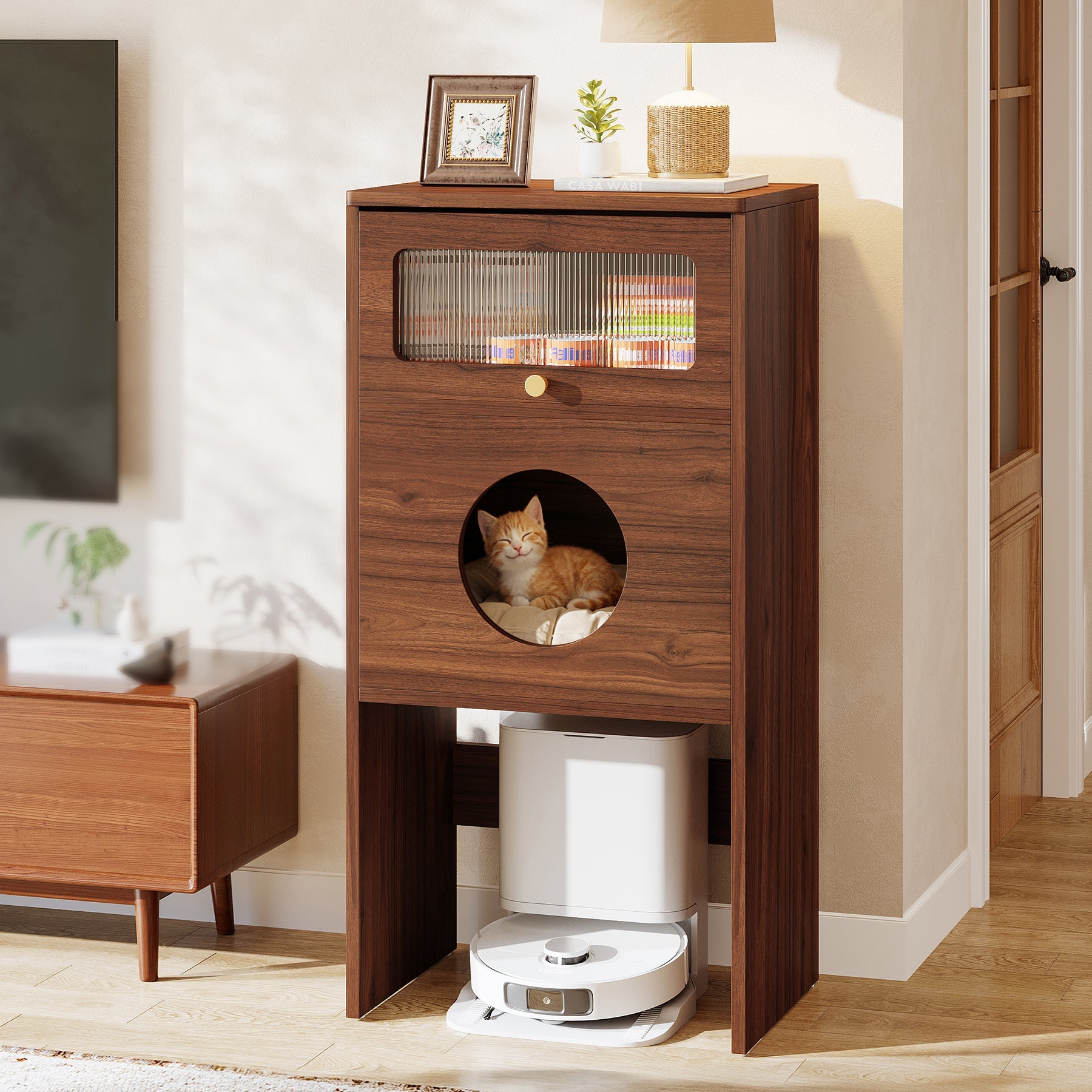 Tribesigns Mueble para gatos con espacio de almacenamiento, Armario para arenero y mesa auxiliar 2 en 1