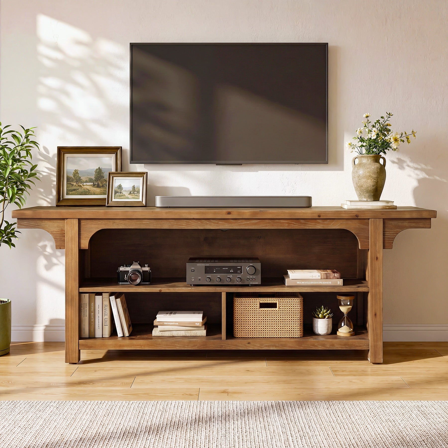 Tribesigns 160 cm TV-Lowboard aus Massivholz, TV-Schrank für 55–70 Zoll Fernseher mit 3 offenen Fächern