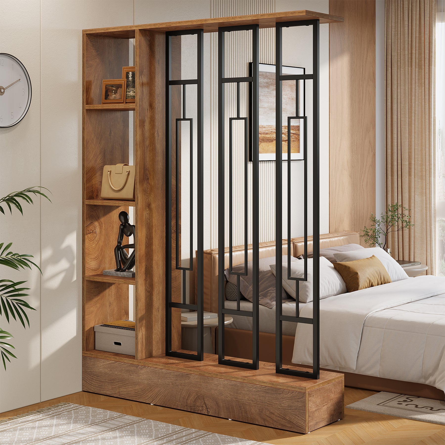 Biombo separador de ambientes de madera y metal de 120 cm, Pantalla de privacidad con estantes