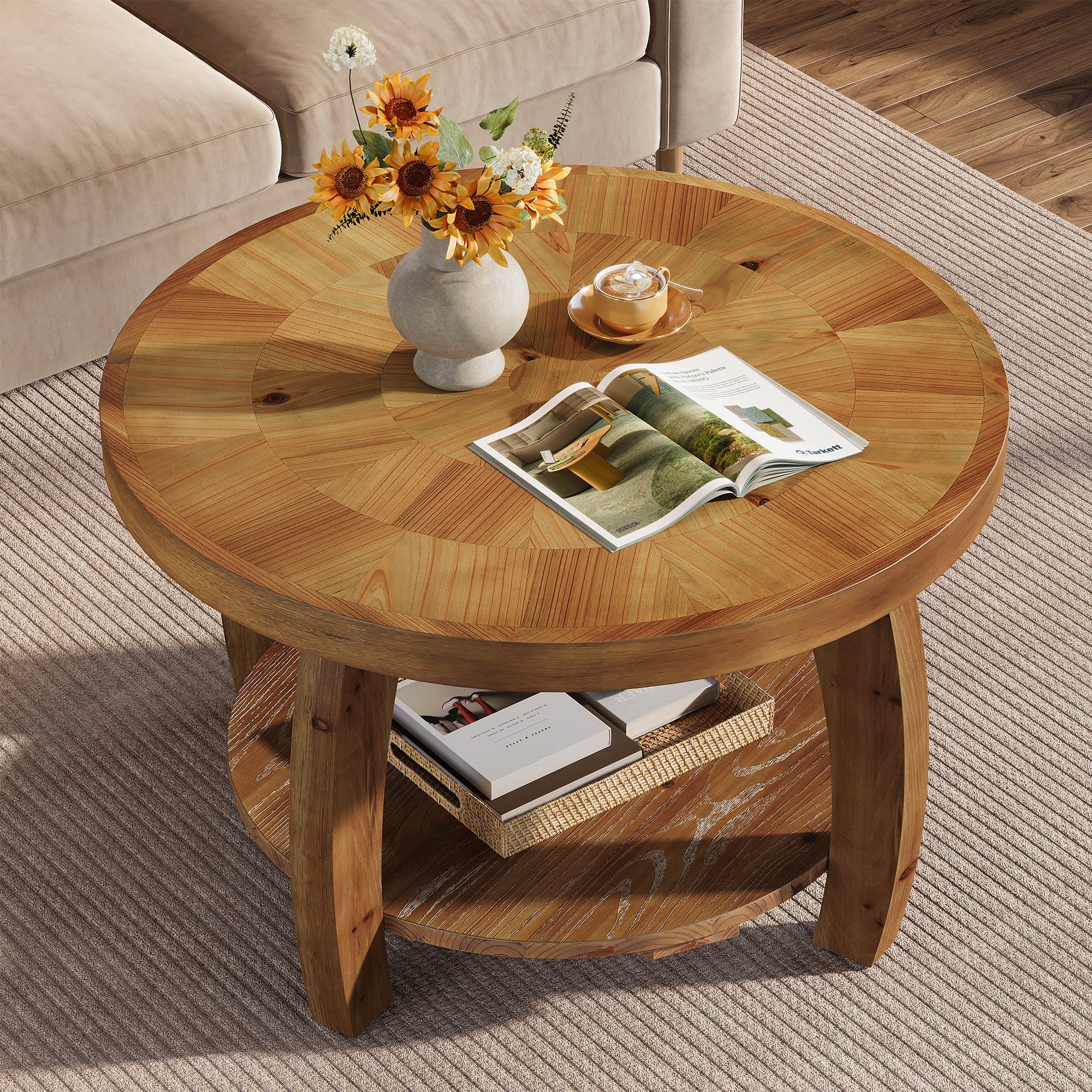 Mesa de centro redonda de madera maciza de 80 cm, Mesa auxiliar de 2 niveles con estampado de mosaico y estante inferior