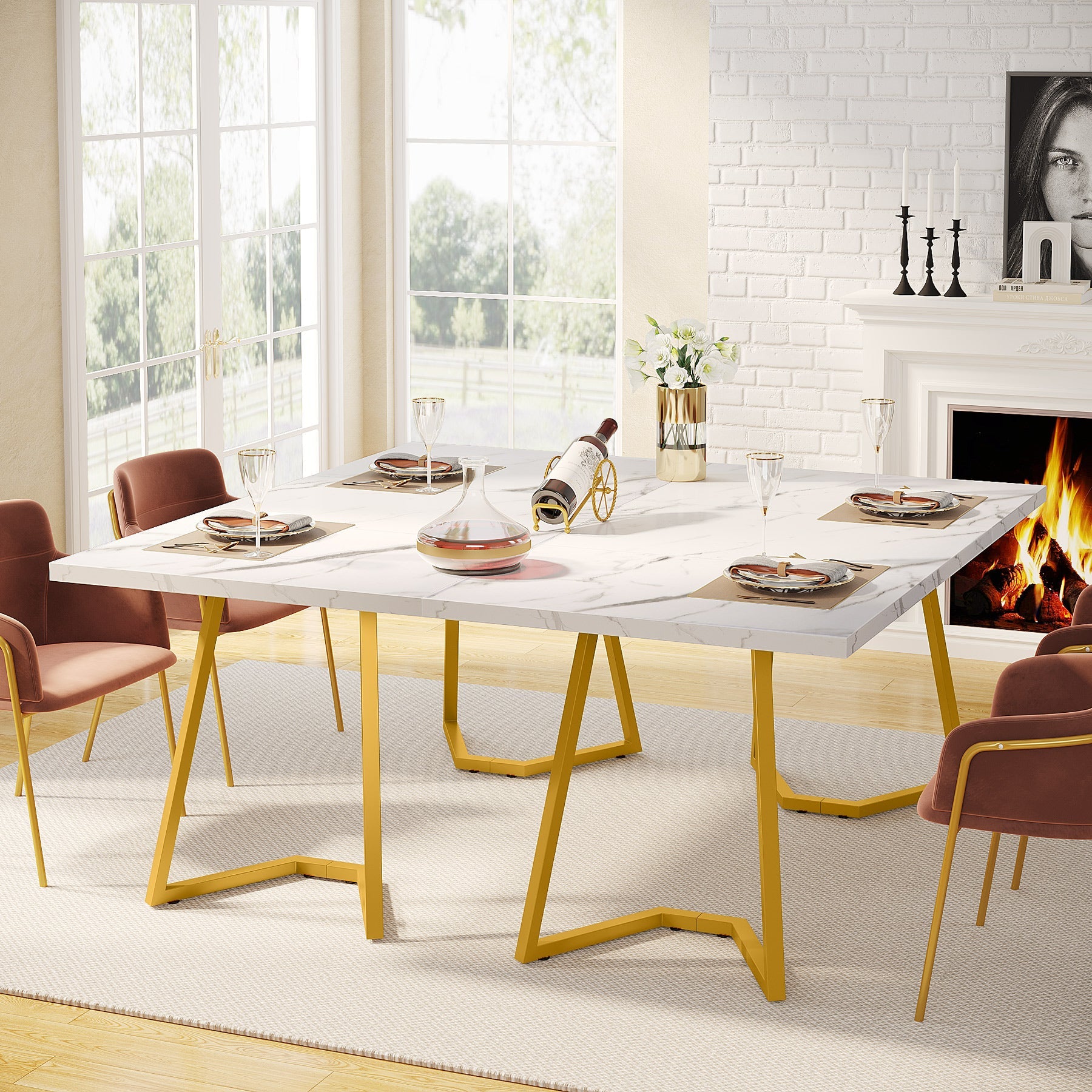 Tribesigns Mesa de Comedor Moderna, Mesa de Cocina de 140 cm con Patas de Metal Dorado para 6 Personas
