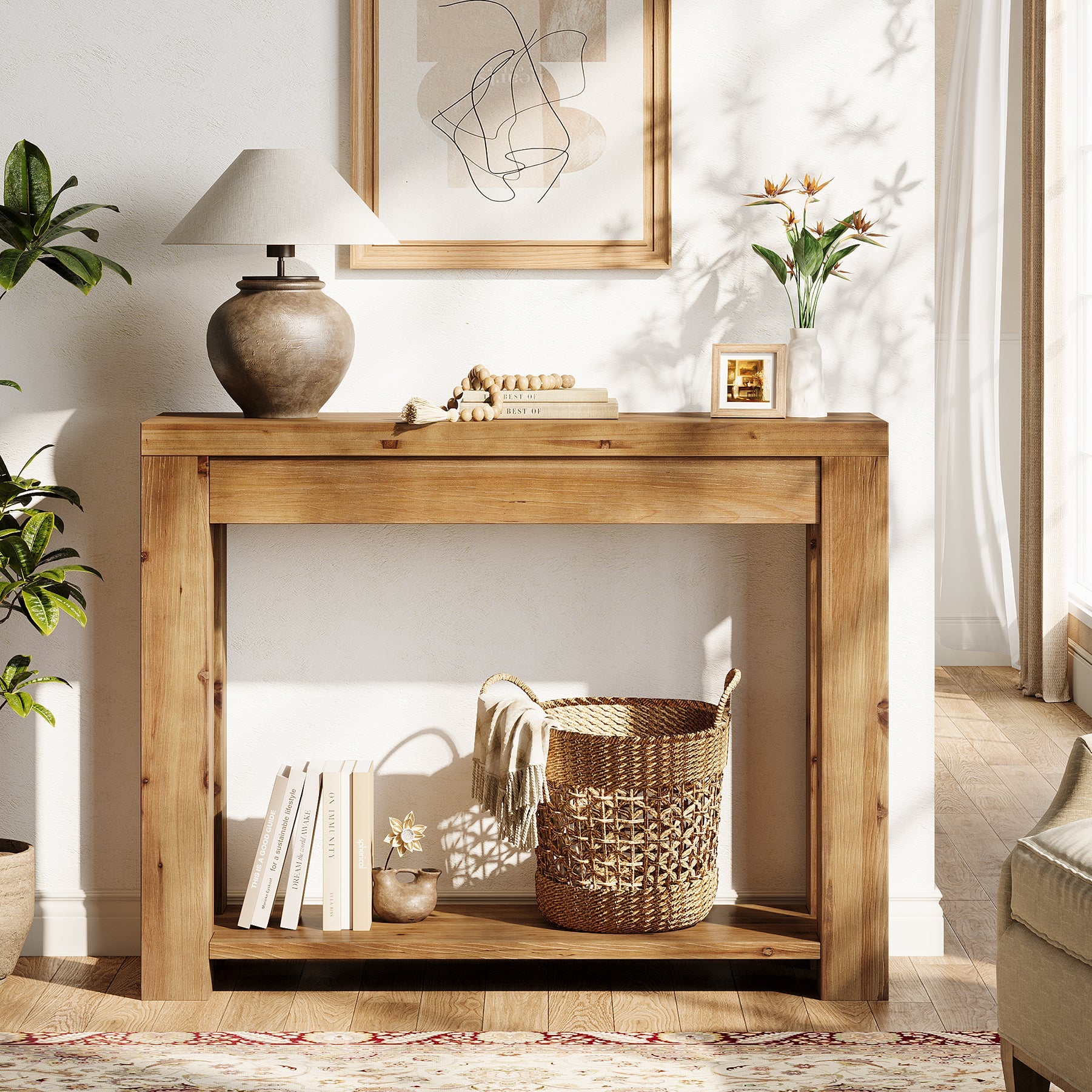 Tribesigns Consola de estilo rústico de madera maciza de 110 cm, Mesa auxiliar estrecha para salón y recibidor