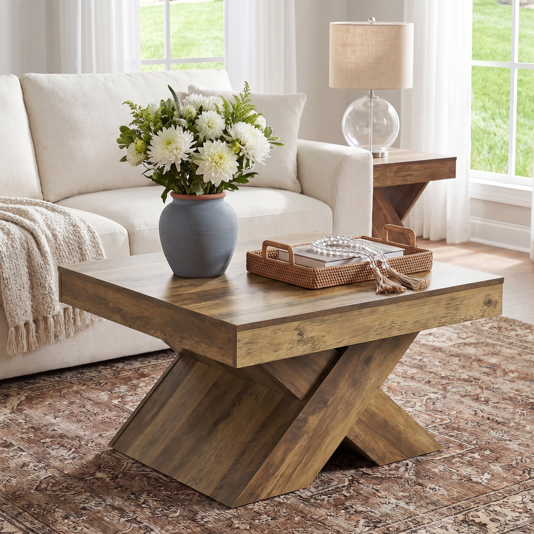 Mesa de centro cuadrada de 80 x 80 cm, Mesa de madera estilo rústico con base en forma de X para sala de estar y espacios pequeños