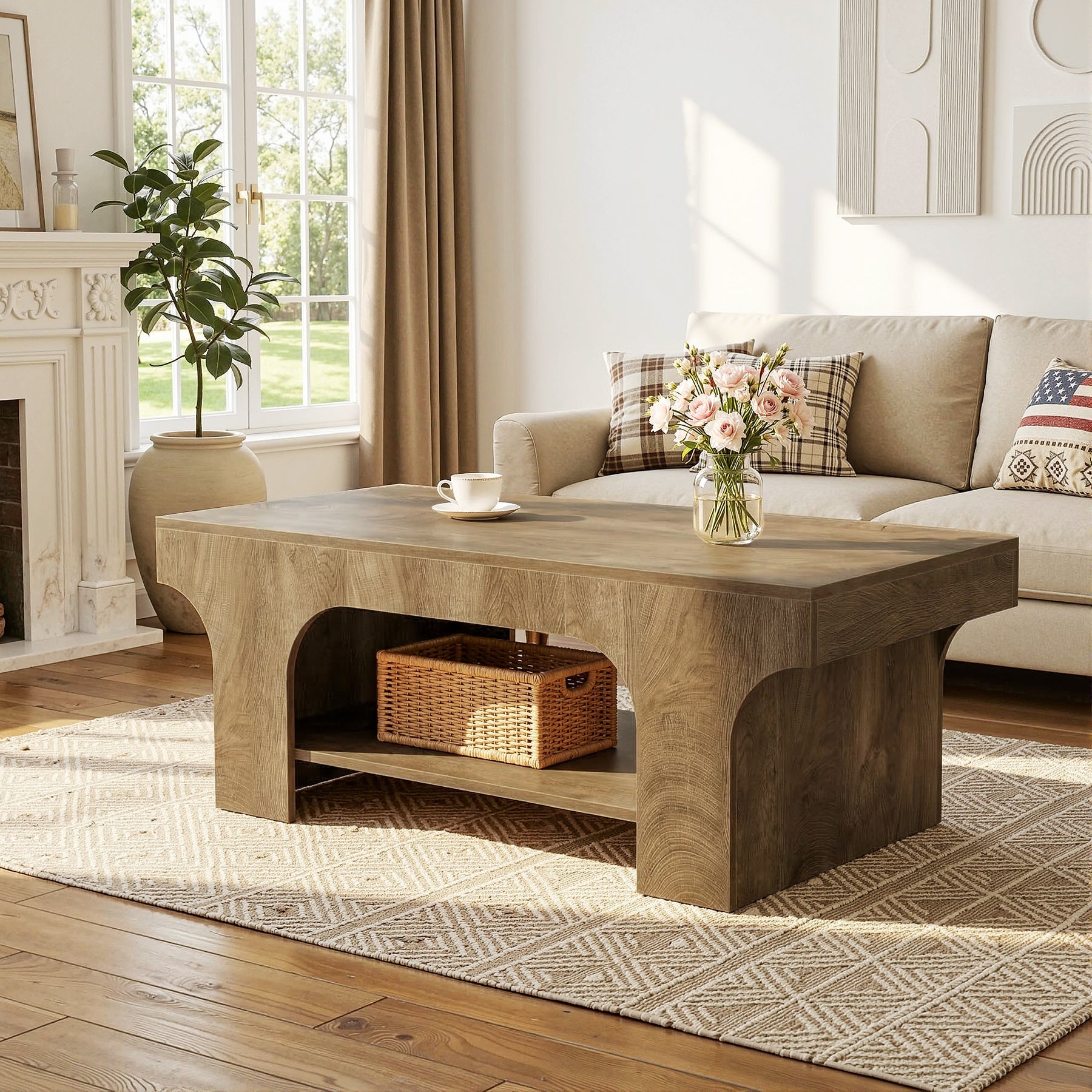 Tribesigns Mesa de centro rectangular de 120 cm, Mesa moderna de dos niveles para sala de estar con almacenamiento