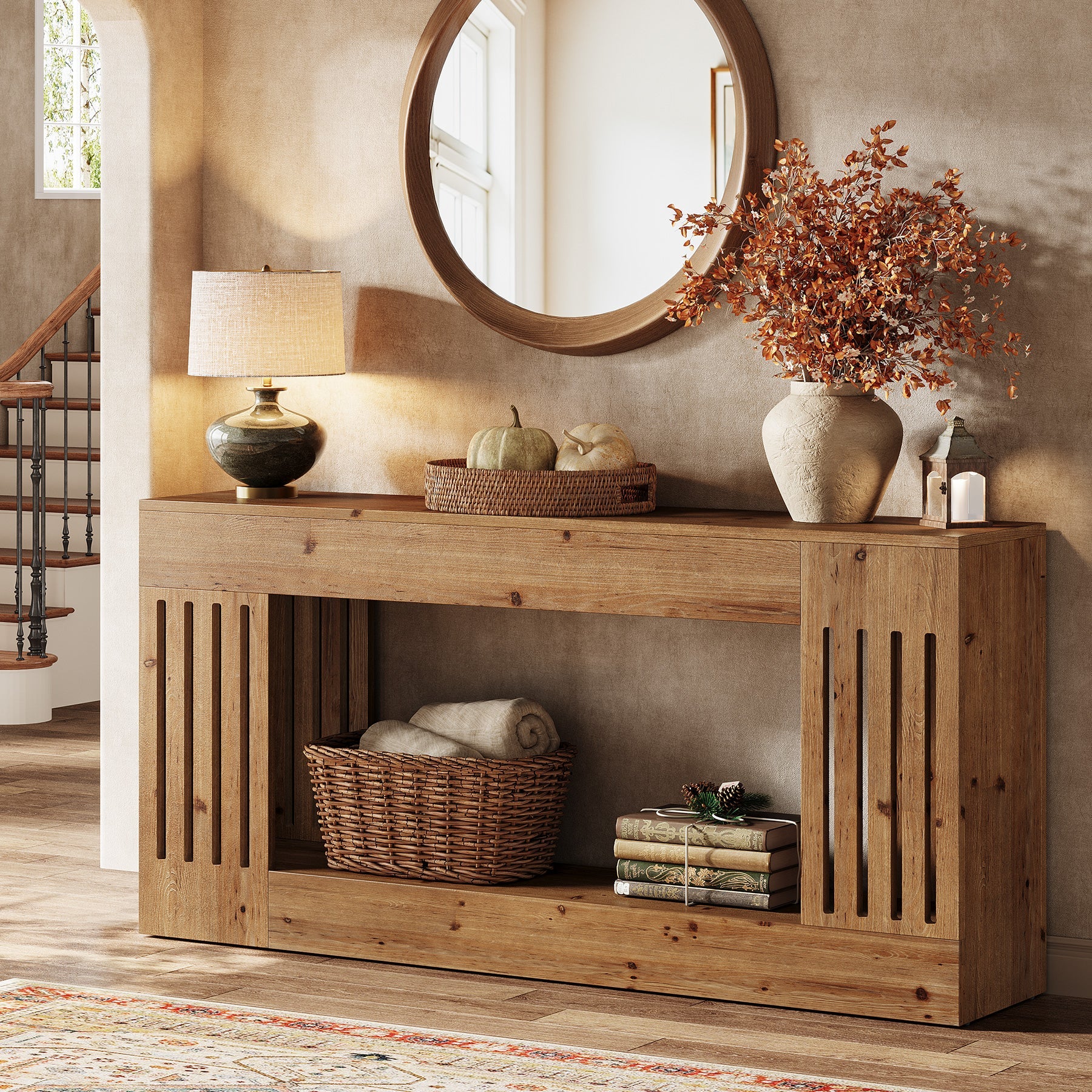 Tribesigns Consola de madera maciza de 160 cm, Mesa de sofá detrás del sofá con compartimento de almacenamiento