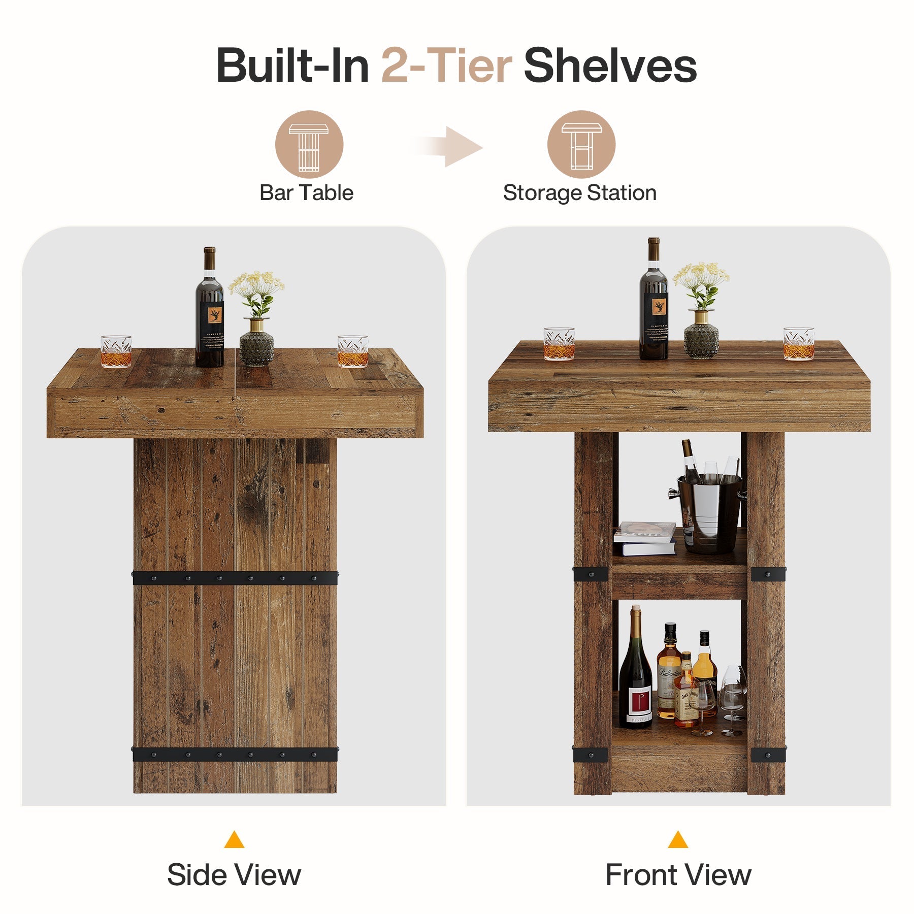 Tribesigns Mesa de bar de 80 × 80 cm con almacenamiento, Mesa alta de 95 cm mesa de cocina de estilo rústico industrial