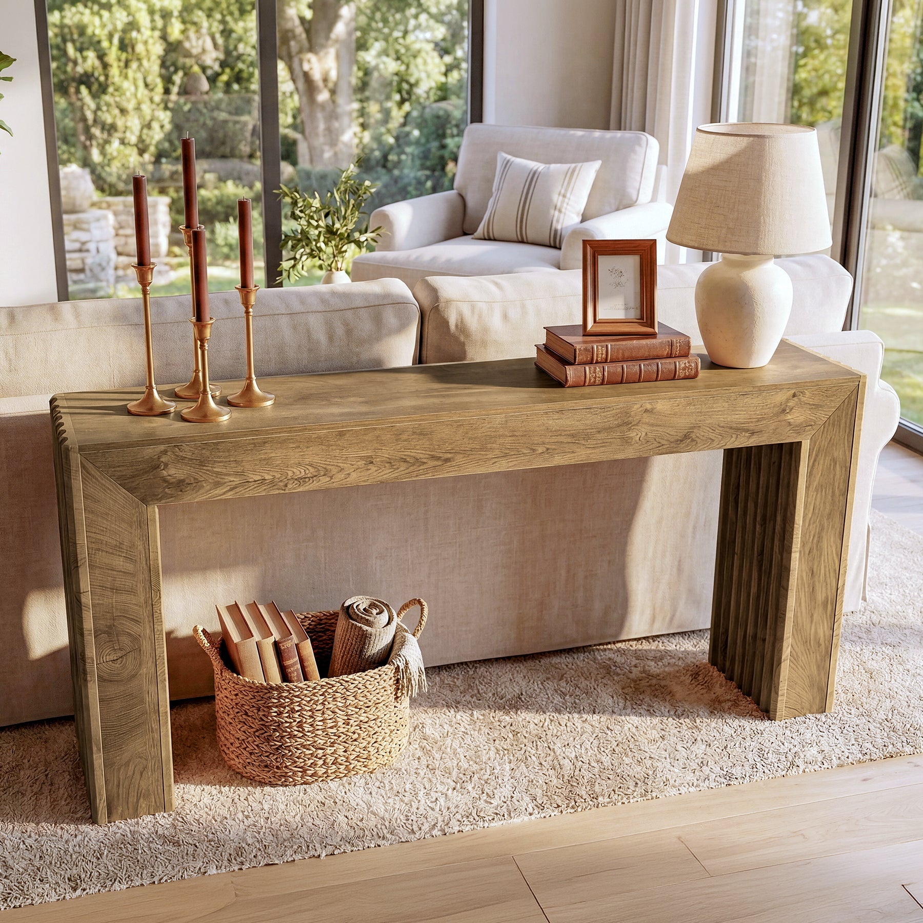 Consola de 160 cm con patas de columna estriadas, Mesa estrecha para recibidor de estilo romano