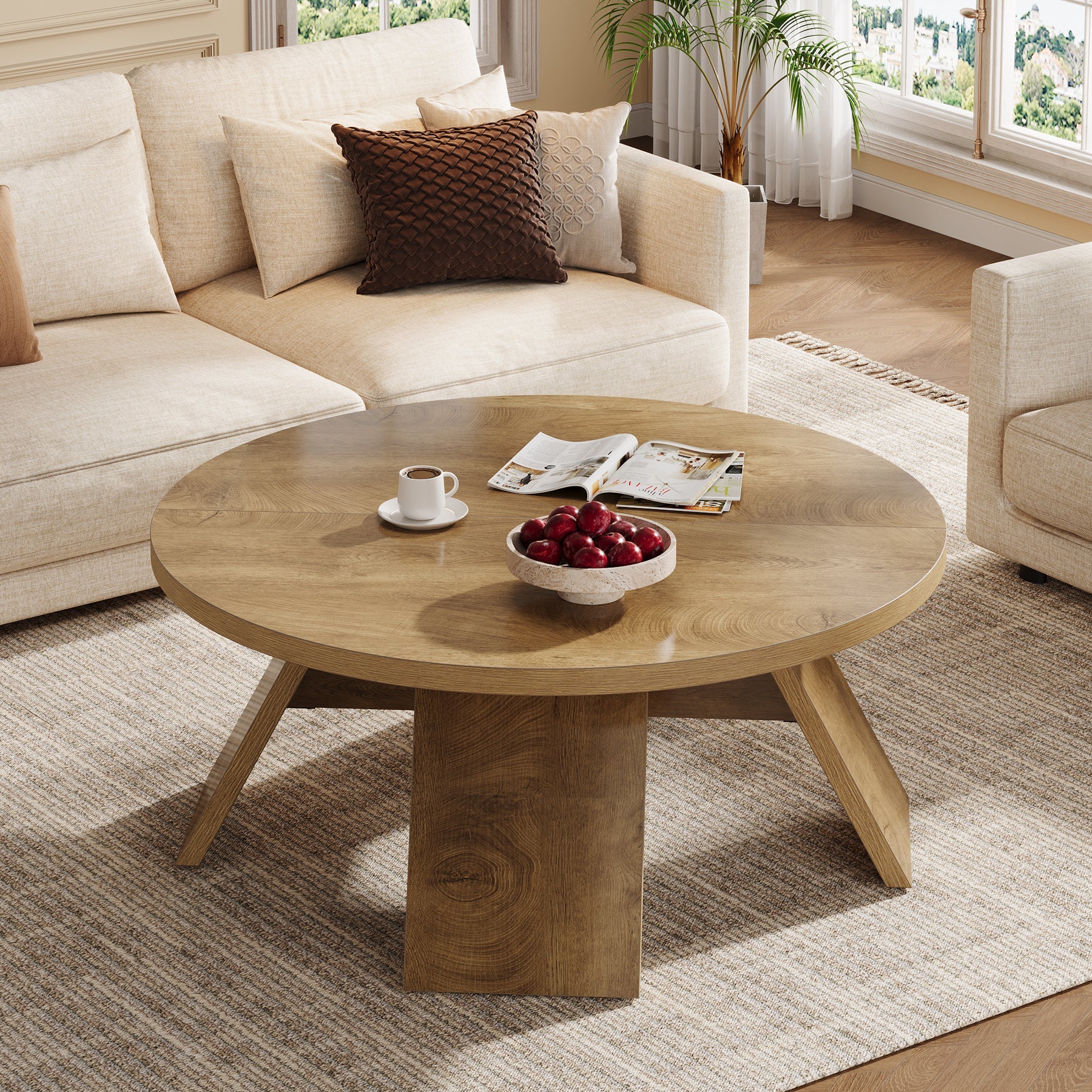 Tribesigns Mesa de centro redonda de madera de 100 cm con patas acampanadas, Moderna mesa auxiliar para sala de estar