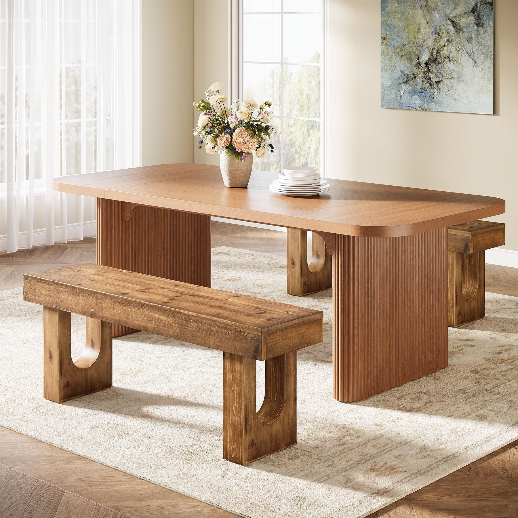 Tribesigns Banco de 120 cm de madera maciza, Banco de pasillo de pino con una robusta base en forma de U