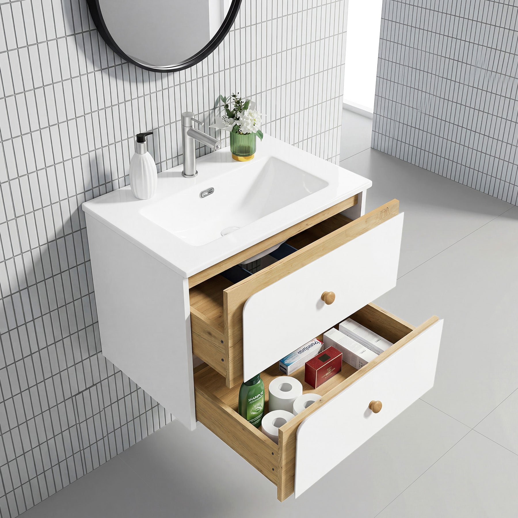 Tribesigns Mueble de baño suspendido con lavabo de cerámica, Mueble de baño moderno suspendido con puerta de cierre suave