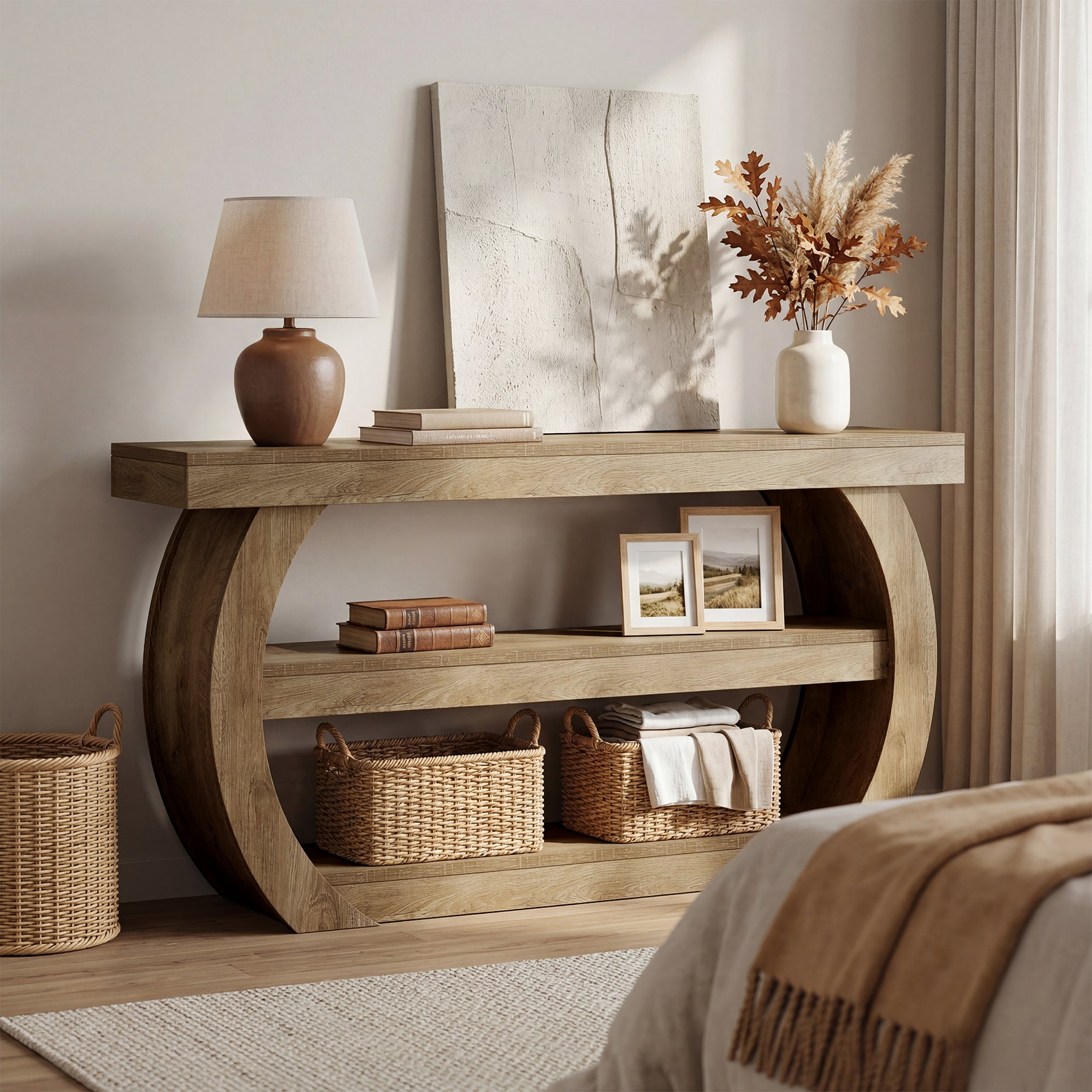 Tribesigns Mesa consola estilo granja (160 cm), Mesa de madera de 3 niveles para pasillo con estante de almacenamiento