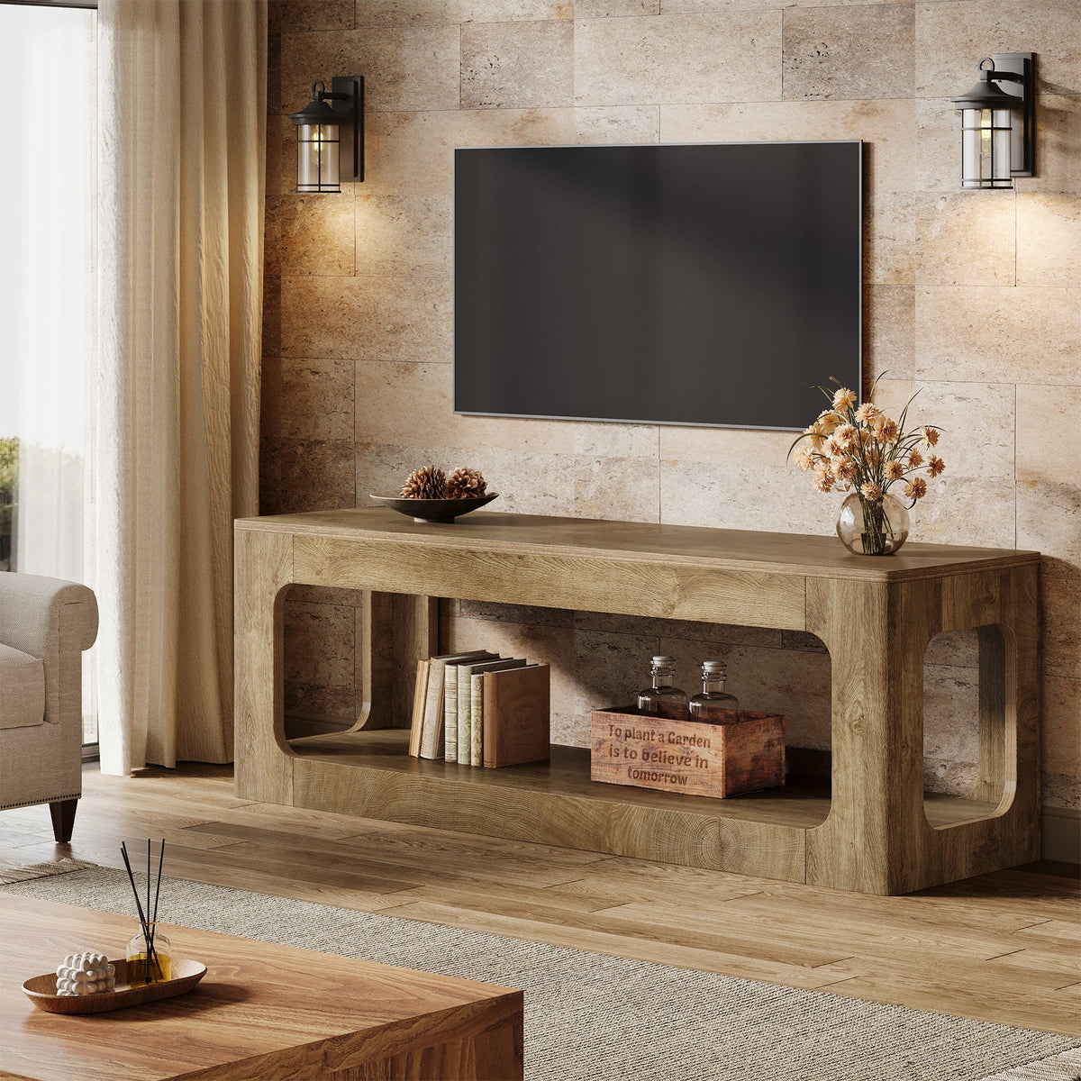 Tribesigns Mueble bajo para TV de 160 cm estilo casa de campo, Mueble para televisores de 55 a 75 pulgadas con 2 niveles