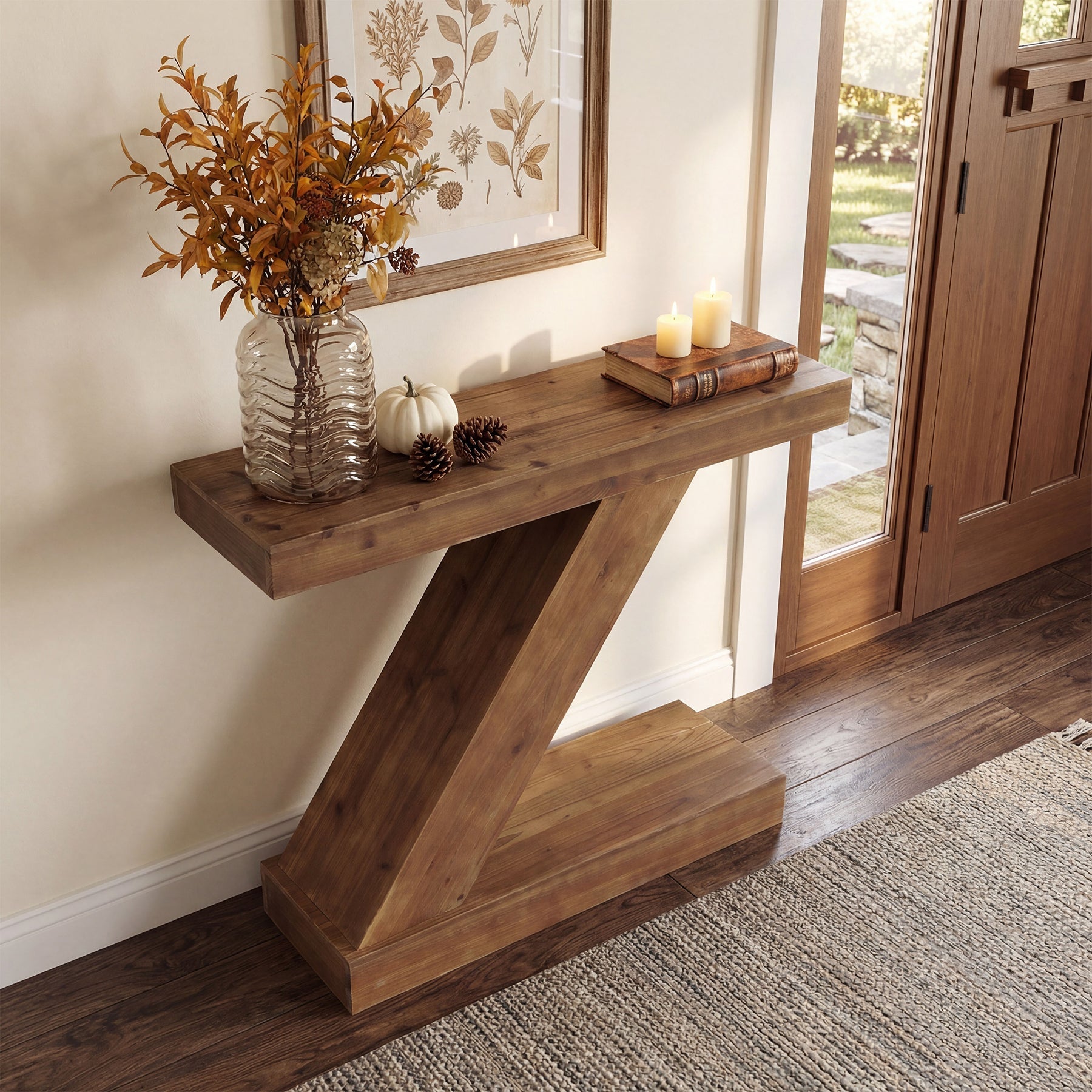 Tribesigns Mesa consola de 105 cm, Mesa de recibidor de madera maciza con forma de Z para entrada