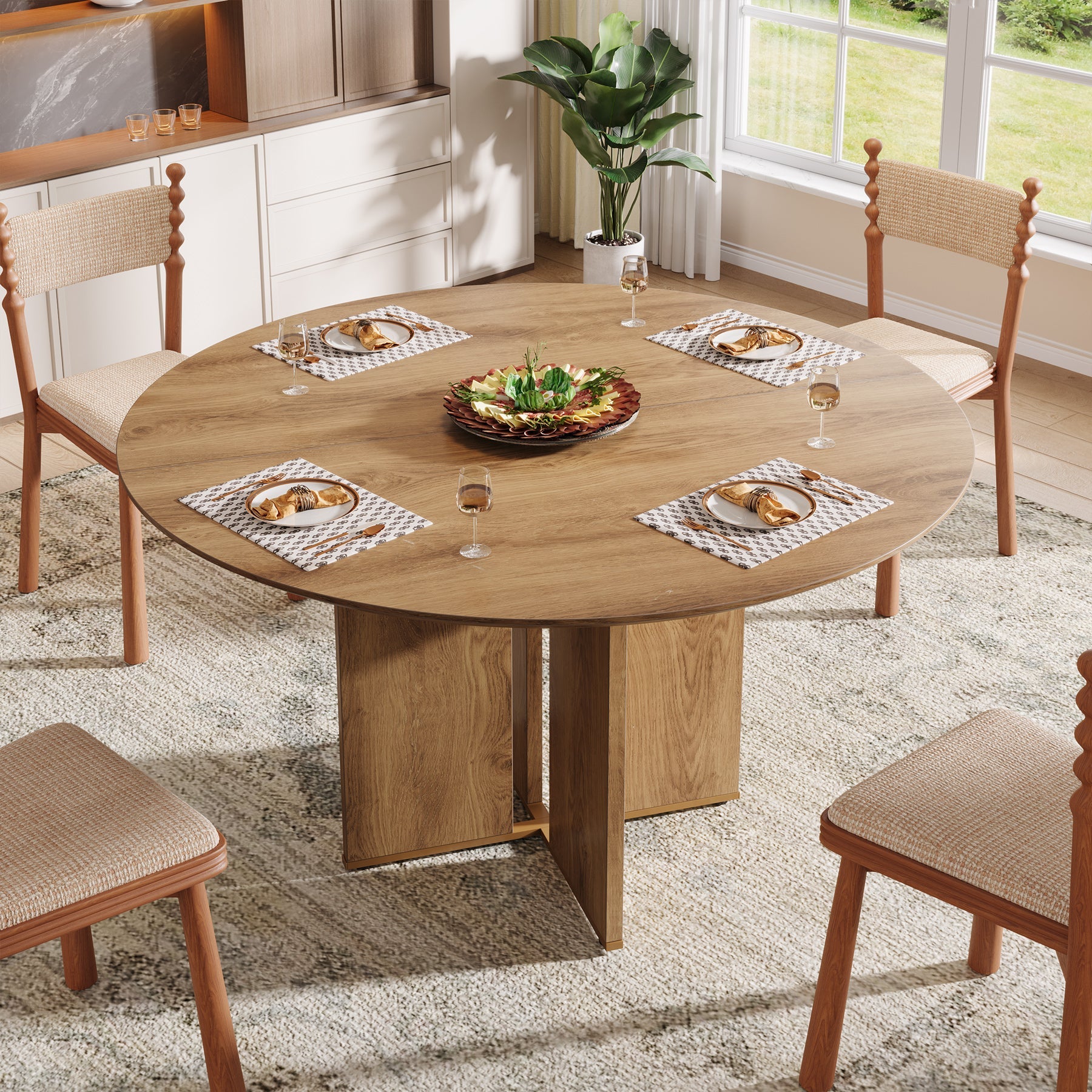 Tribesigns Mesa de comedor redonda de 100 cm, Mesa de cocina para 2-4 personas con estante y estructura en forma de X