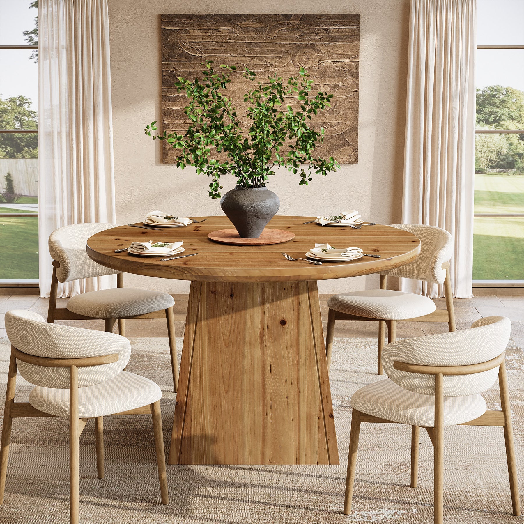 Tribesigns Mesa de comedor redonda de madera maciza de 100 cm para 4 personas
