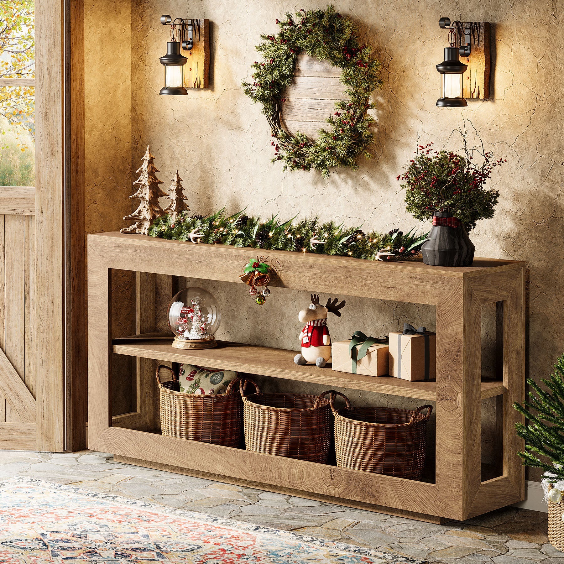 Tribesigns Mesa consola de 160 cm, Mesa de entrada estilo rústico con estante de almacenamiento de 3 niveles