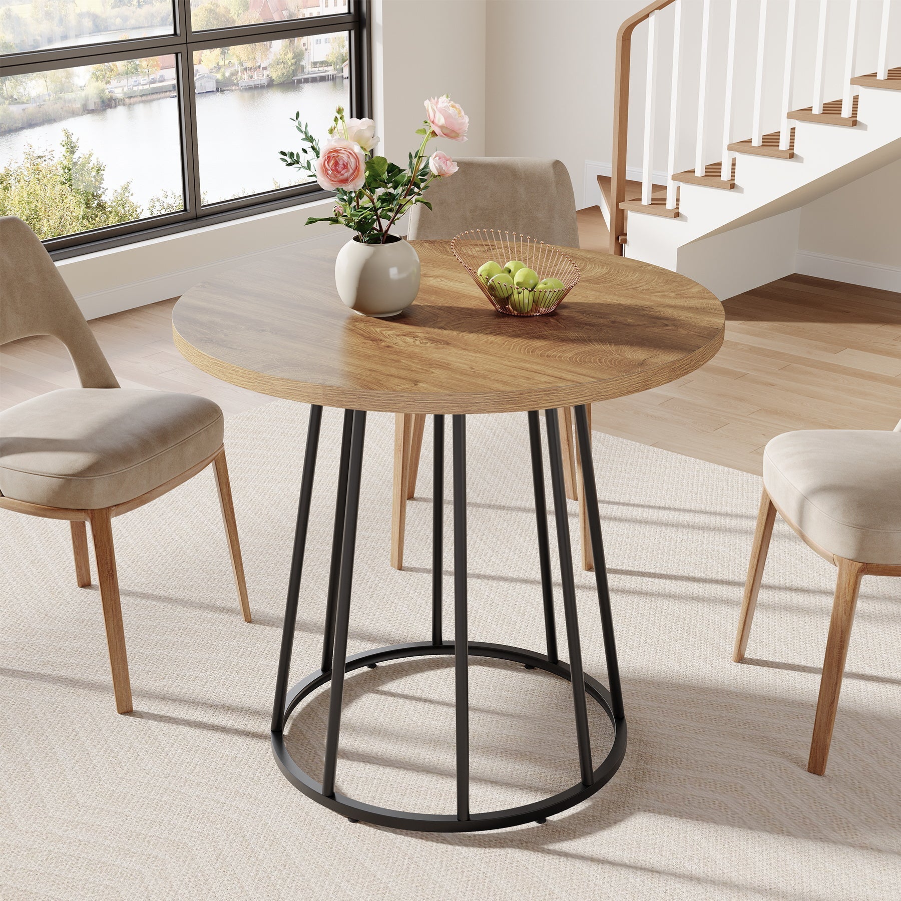 Tribesigns Mesa de comedor redonda de 80 cm, Estilo industrial para 2-4 personas con base de acero