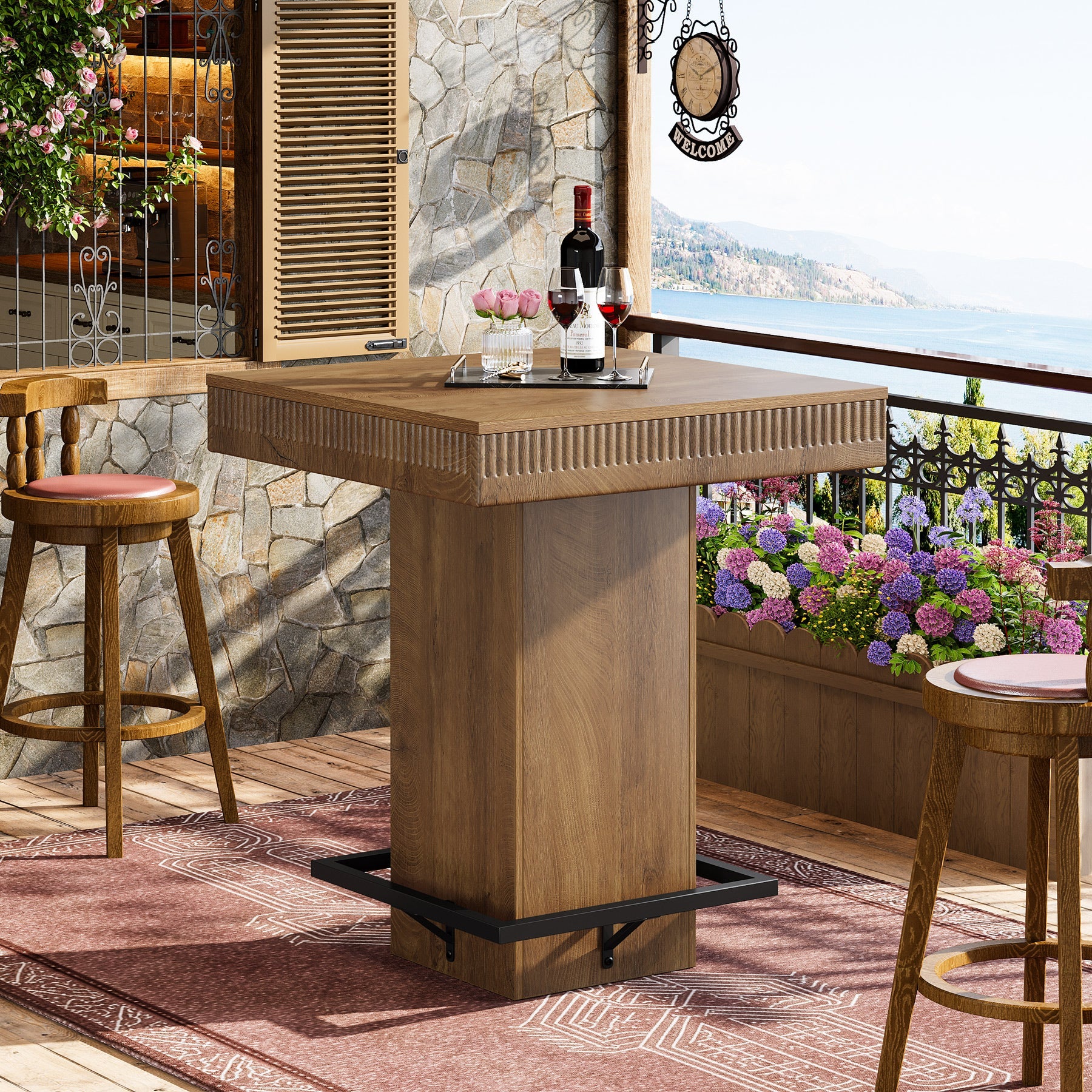 Tribesigns Mesa de bar cuadrada de 80 cm con tablero de madera y patas de metal, Mesa alta de bistro industrial