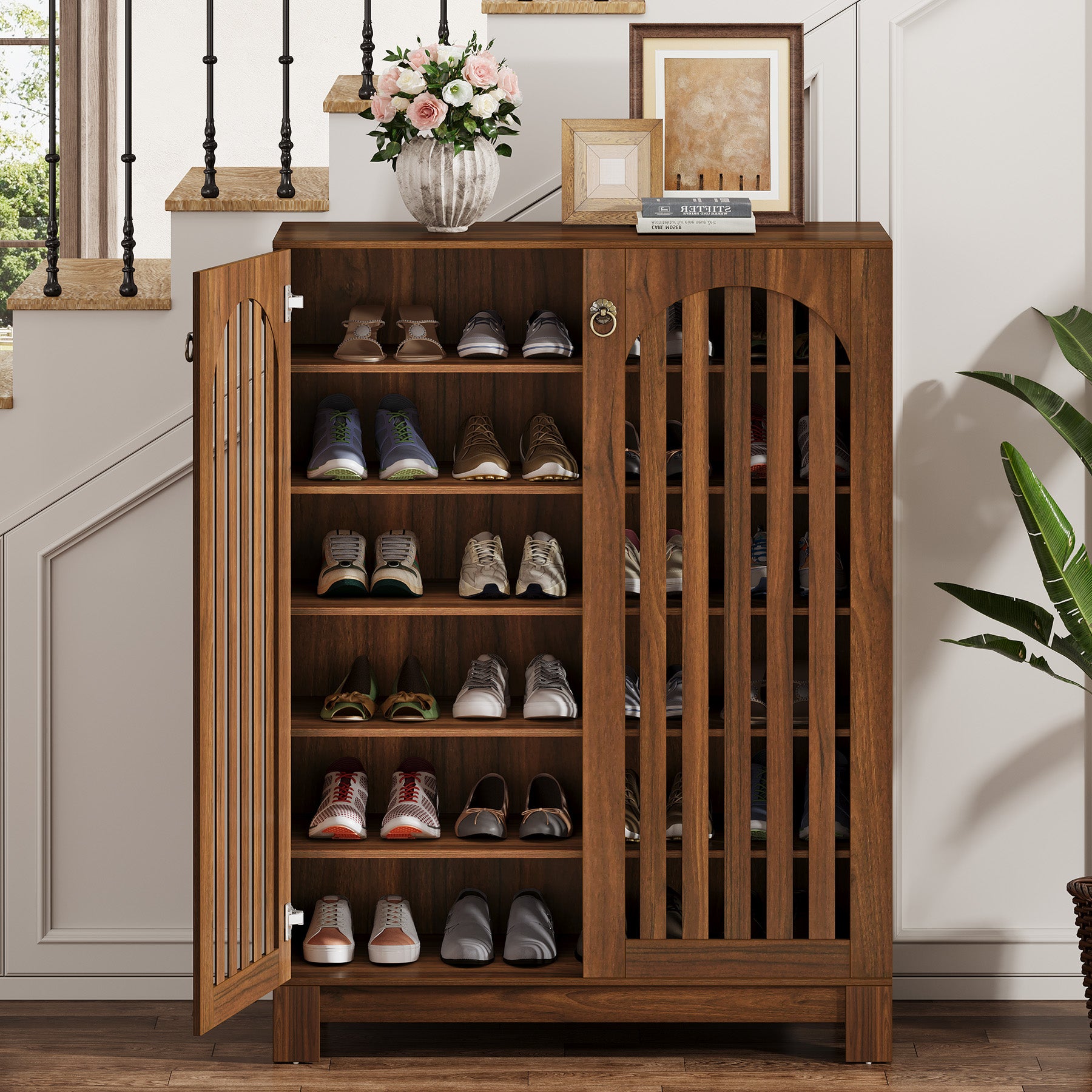 Tribesigns Zapatero grande con frontal de listones y 6 niveles con estantes flexibles