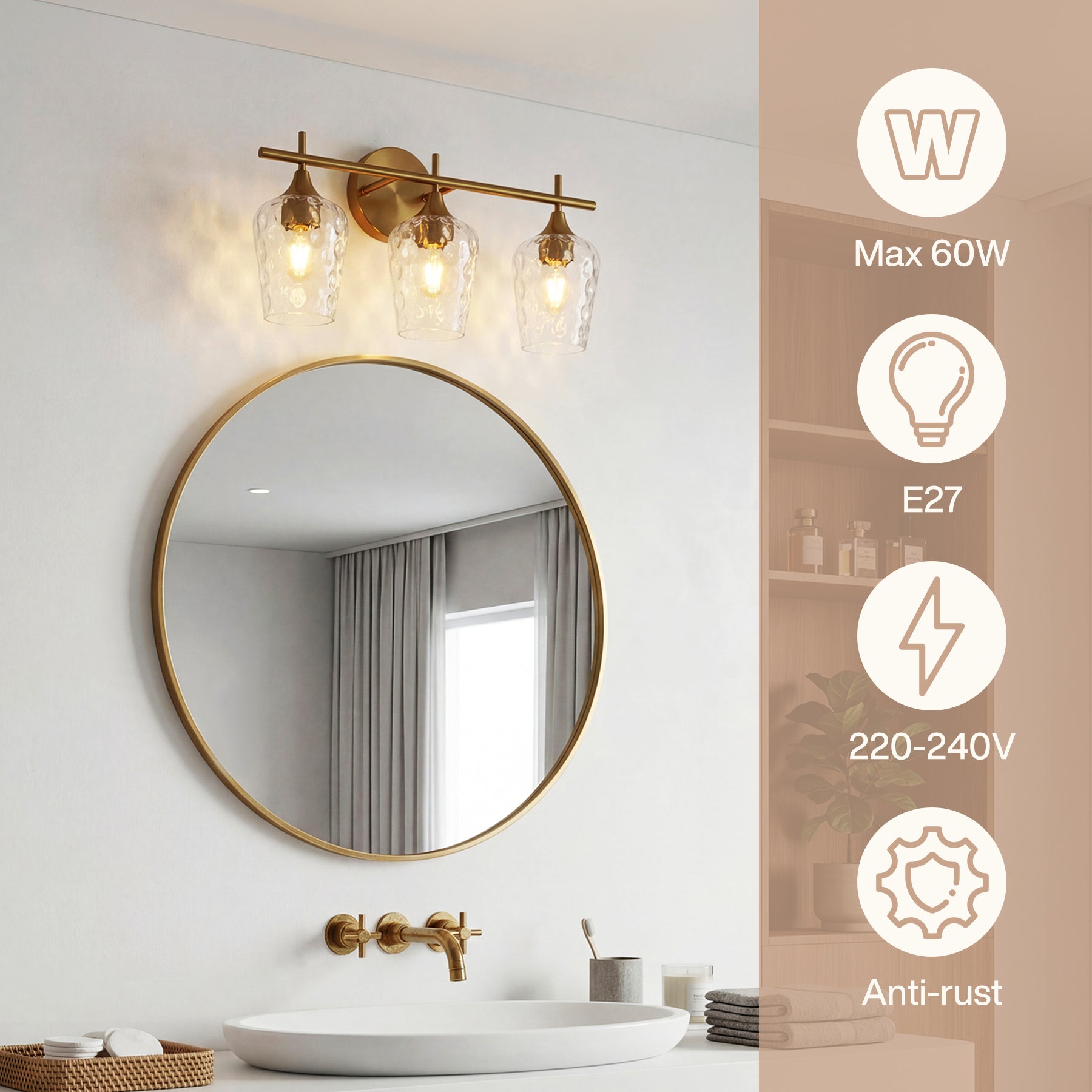 Tribesigns Aplique de pared LED de 3 luces para baño, Color dorado con cristal texturizado casquillo E27