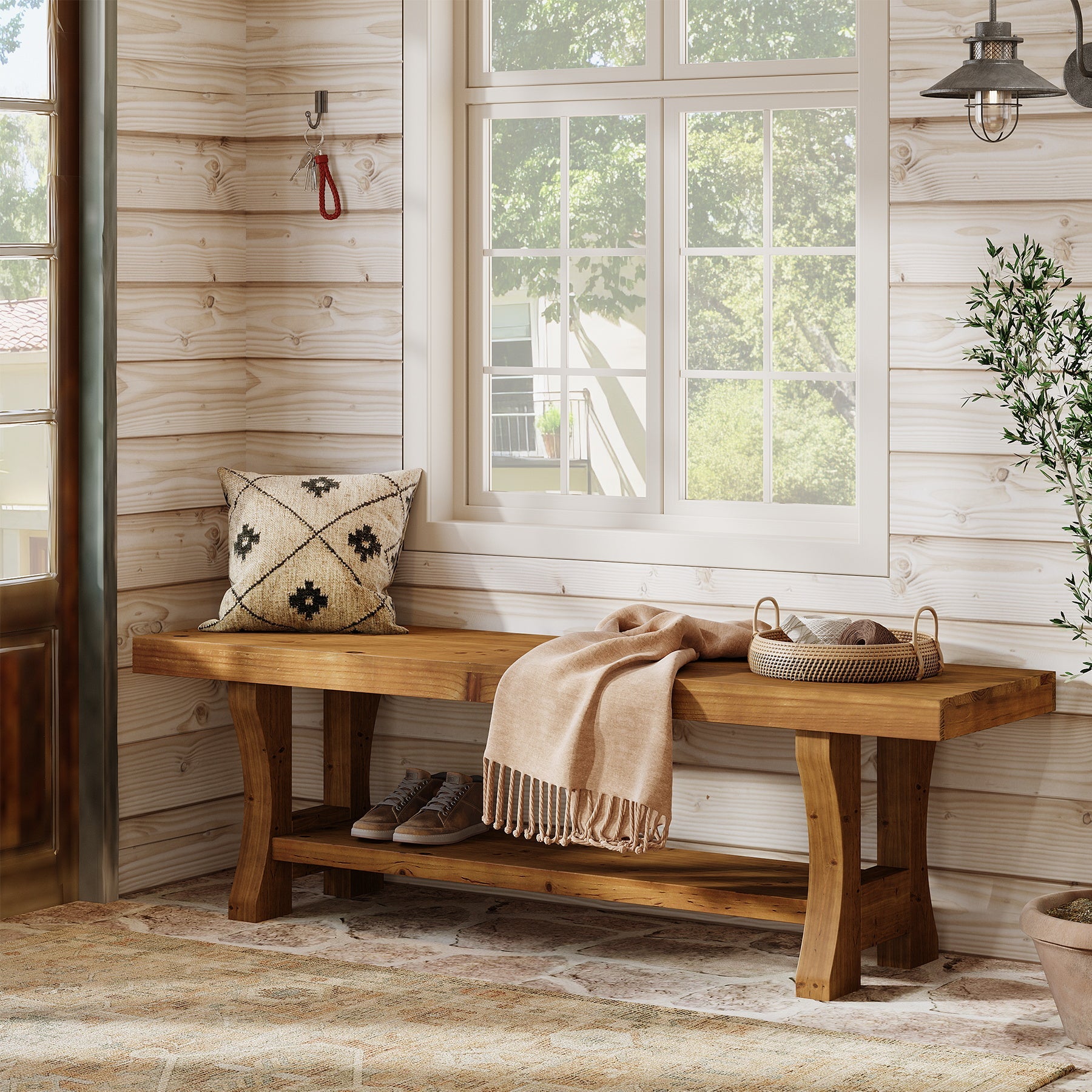 Tribesigns Banco de pasillo de madera maciza de 140 cm con almacenamiento abierto, Banco rústico para zapatos, ideal para pasillo, dormitorio y comedor