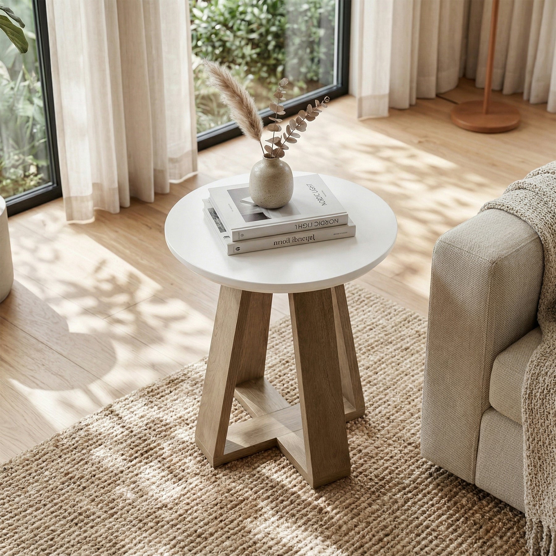 Tribesigns Mesa auxiliar redonda de 50 cm, Mesita de noche moderna blanca para salón y dormitorio