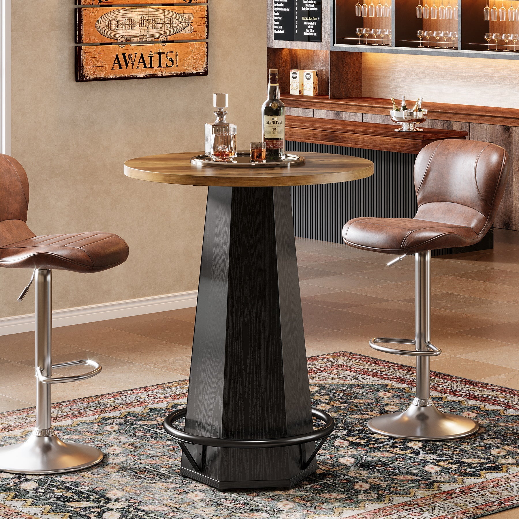 Tribesigns Mesa de bar redonda de 100 cm para 2 personas, Mesa de comedor industrial con reposapiés