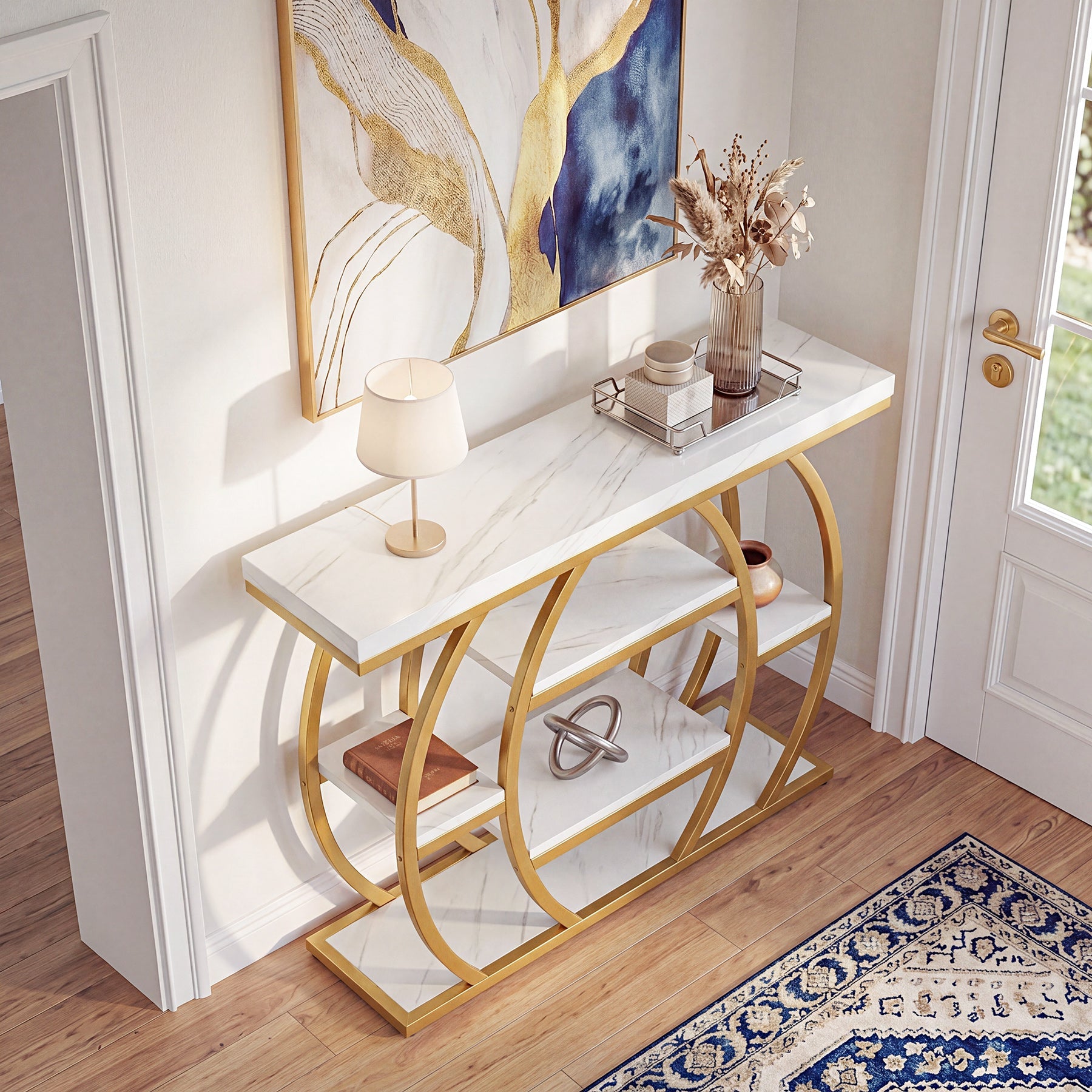 Tribesigns Mesa consola de 105 cm, Mesa estrecha para recibidor con 5 estantes, Estructura de metal dorado y tablero con aspecto de mármol
