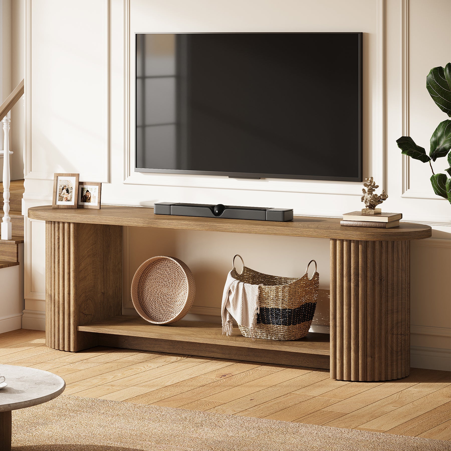 160 cm Tribesigns tv-meubel met geribbeld ontwerp en opbergplank, landelijke mediakast voor woonkamer en slaapkamer