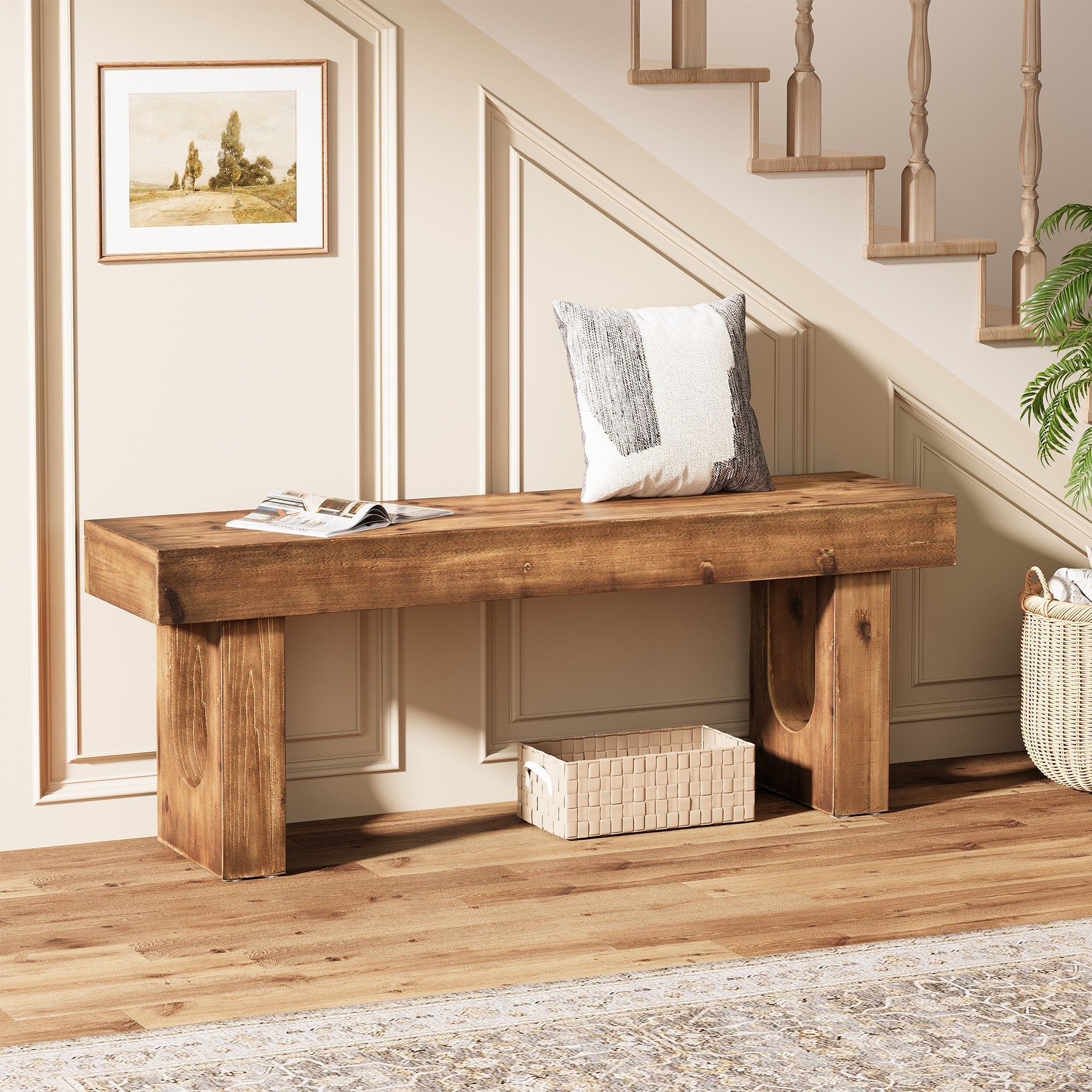 Tribesigns Banco de 120 cm de madera maciza, Banco de pasillo de pino con una robusta base en forma de U