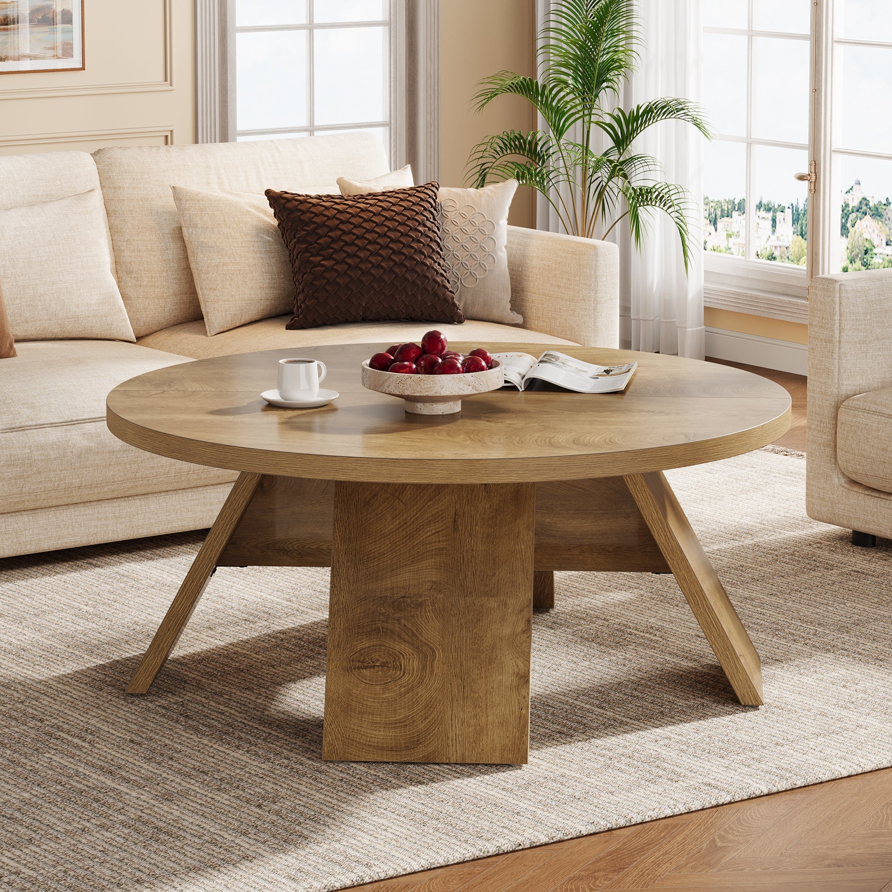 Tribesigns Mesa de centro redonda de madera de 100 cm con patas acampanadas, Moderna mesa auxiliar para sala de estar
