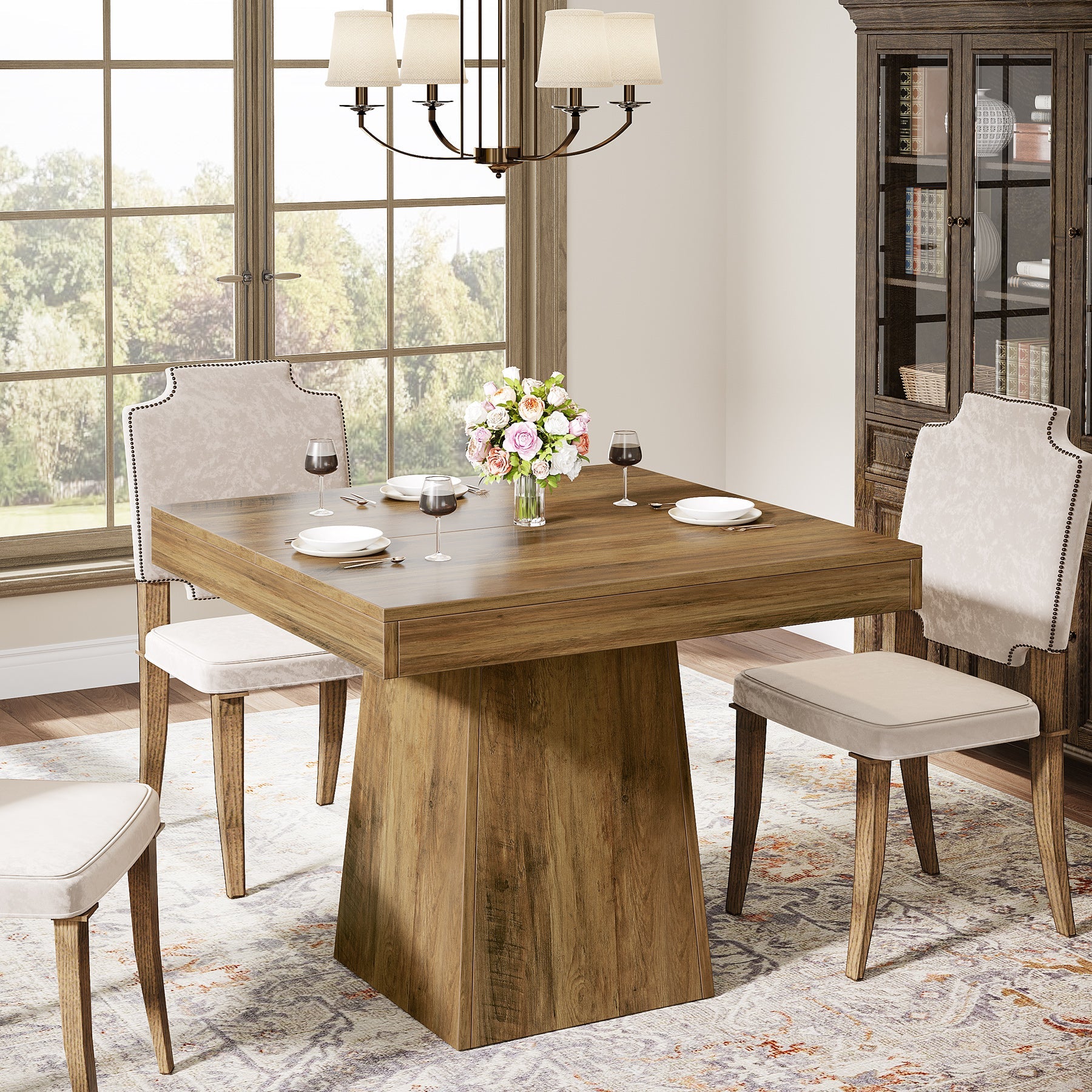 Tribesigns Mesa de comedor cuadrada de 80 cm para 4 personas, Estilo rústico con base de columna en color marrón