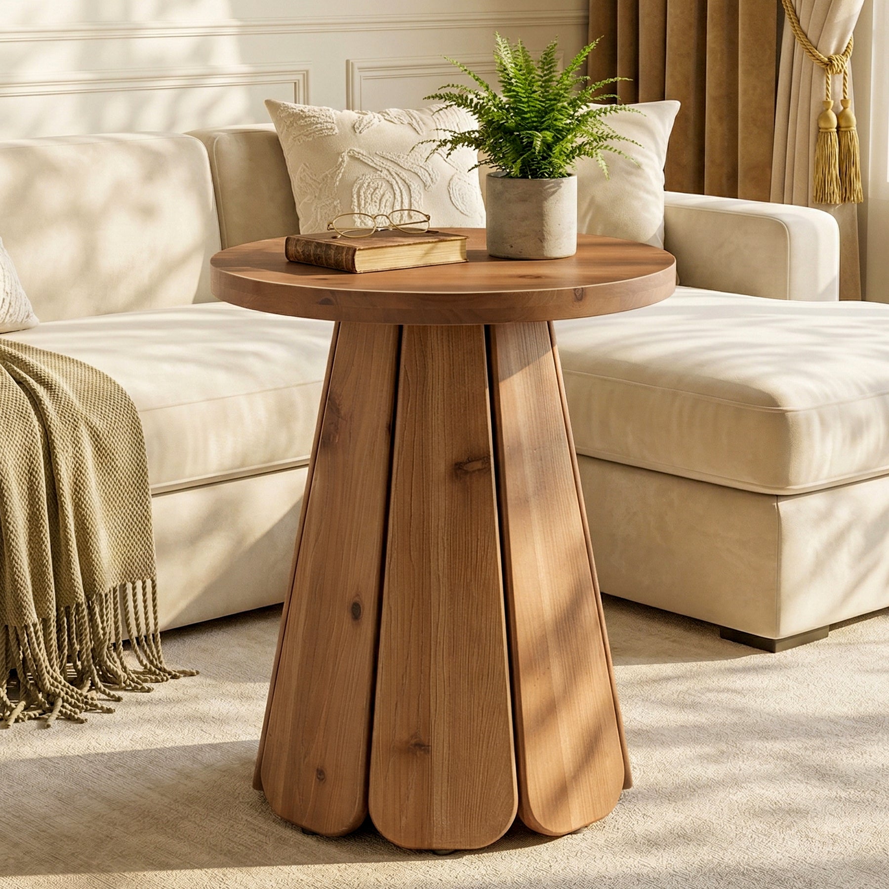 Tribesigns Mesa auxiliar redonda de madera maciza, Mesa de centro de estilo rústico de 50 cm con base escultural