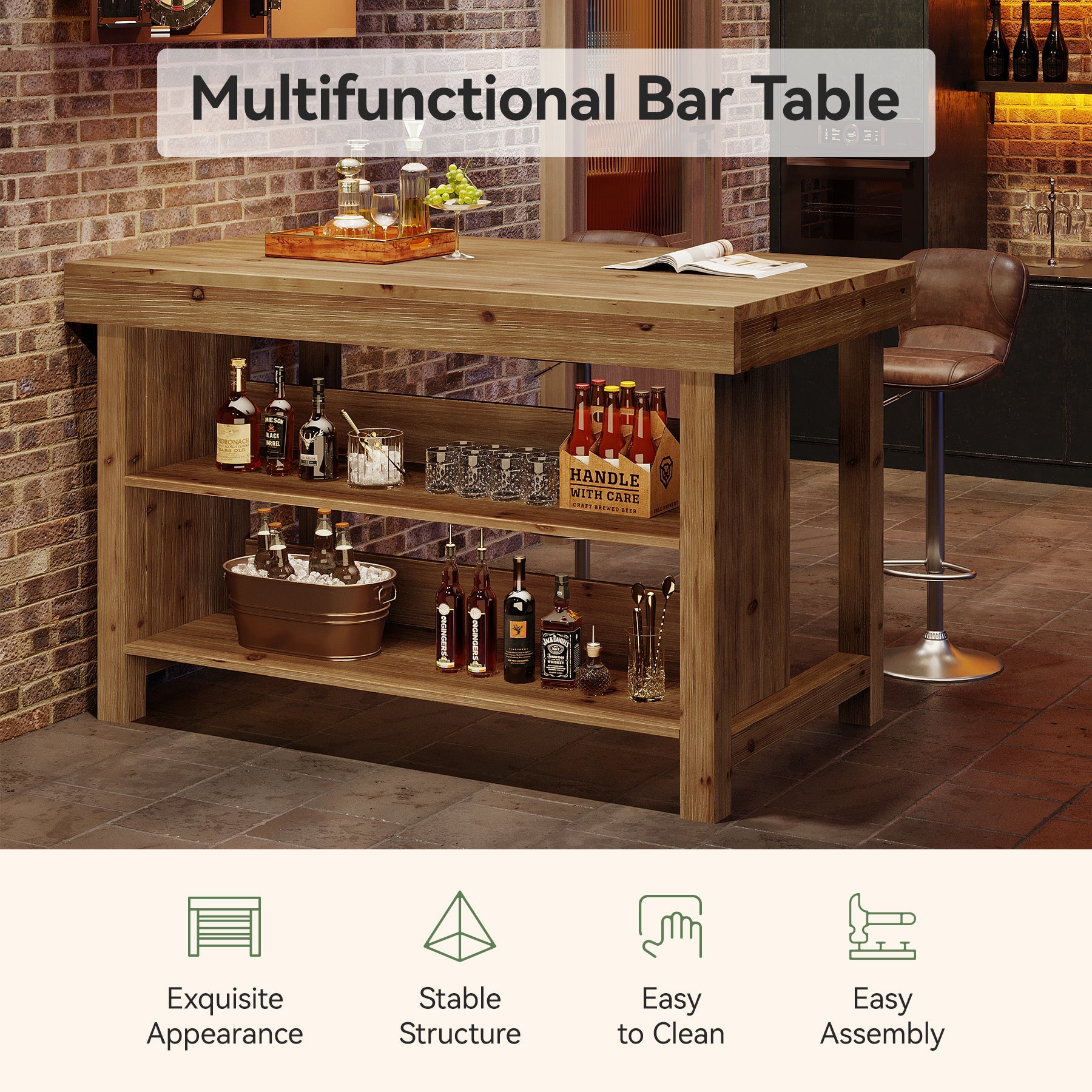 Tribesigns Isla de cocina de madera maciza con almacenamiento y asientos, Mesa de cocina con 2 estantes abiertos