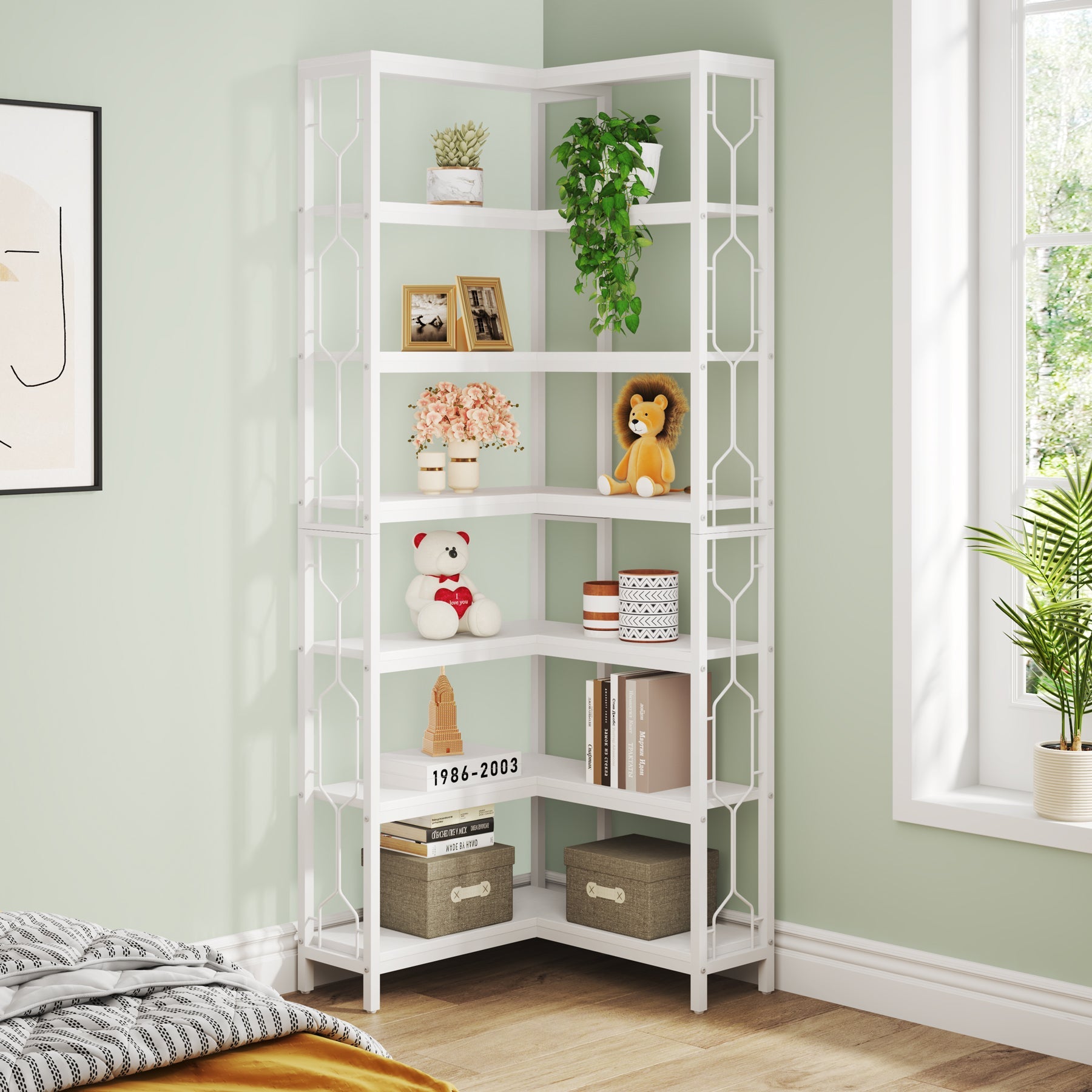 Tribesigns Estantería esquinera de madera y metal, Librería industrial de 7 niveles