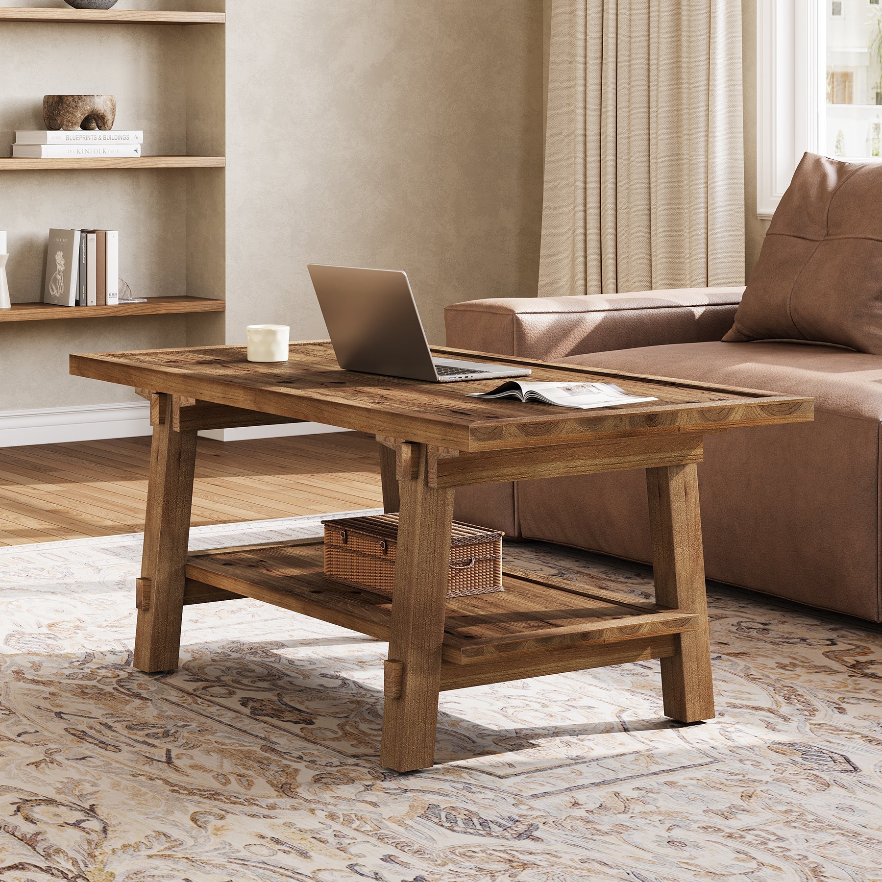 Tribesigns Mesa de centro de madera maciza 120 cm, Mesa de salón rectangular de estilo rústico con 2 estantes