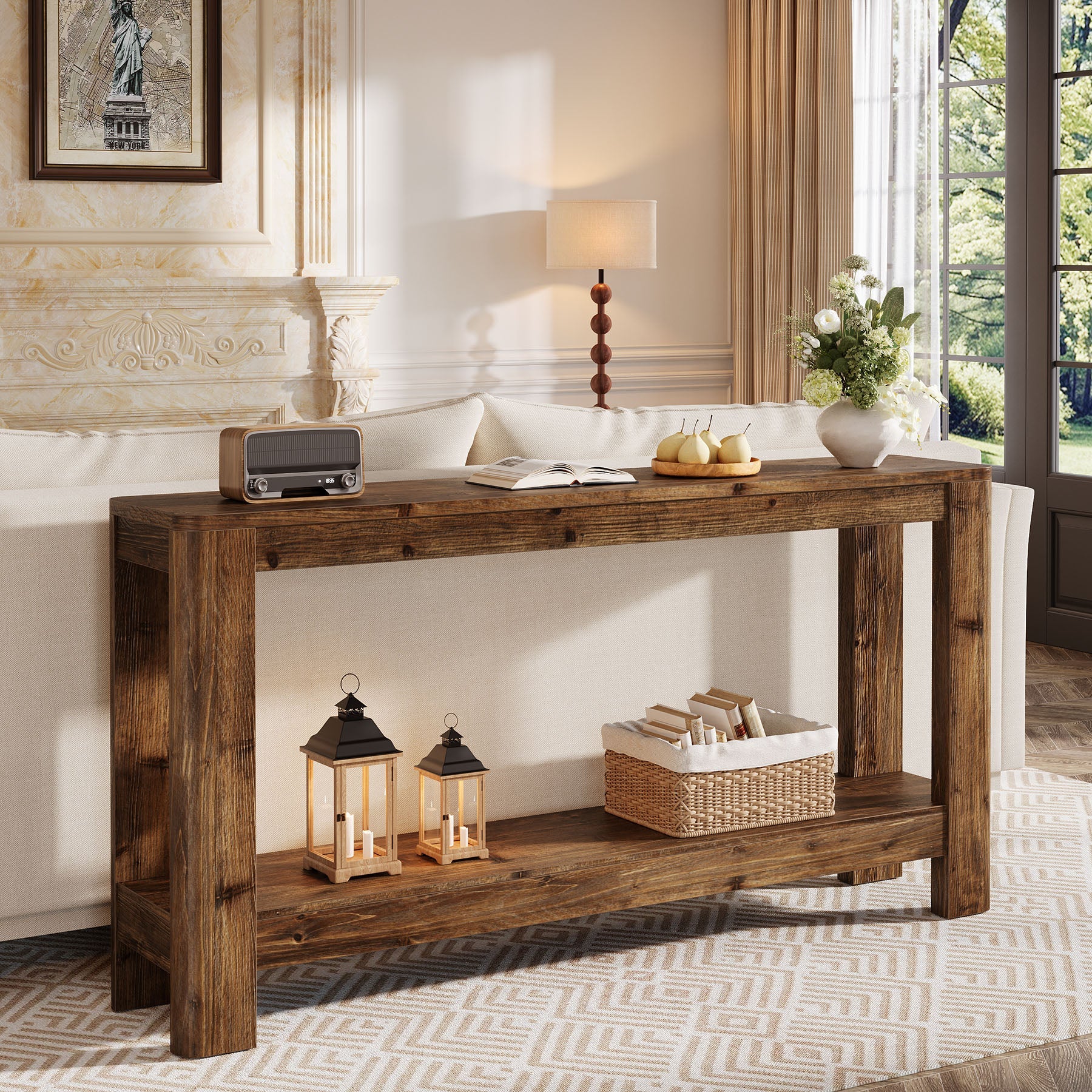 Tribesigns Mesa consola de madera maciza de 160 cm, Mesa auxiliar estrecha de estilo rústico con estante