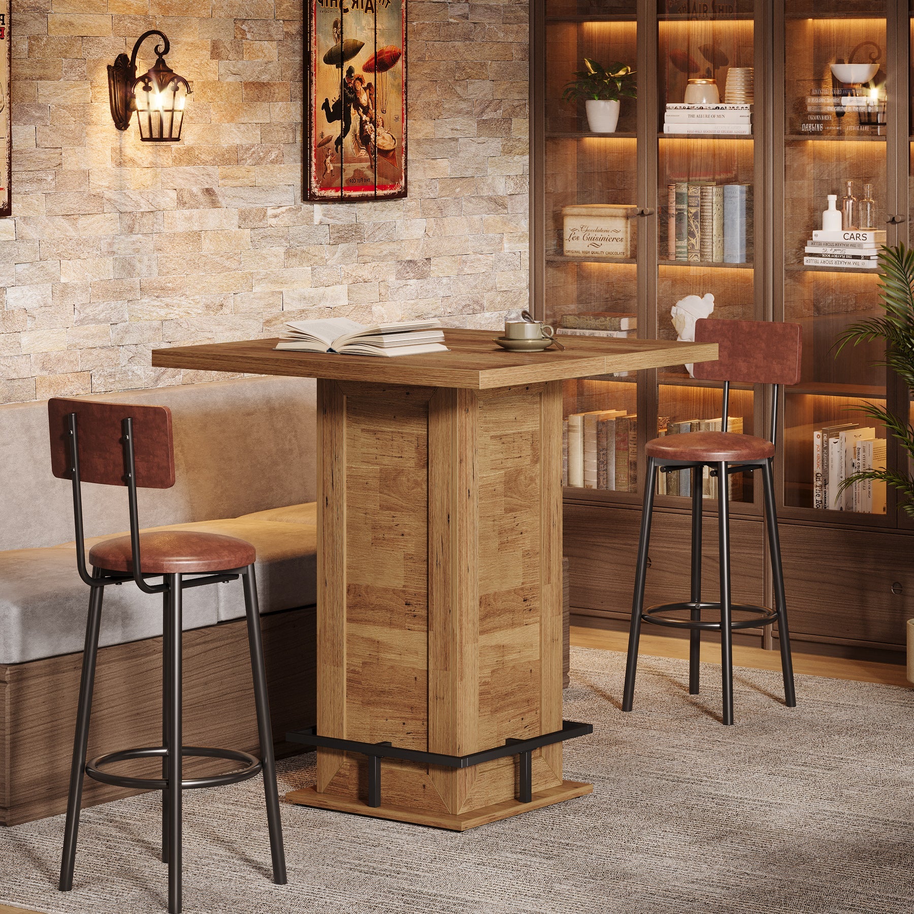 Tribesigns Mesa de bar industrial cuadrada de 100 cm, Mesa alta de bistró con reposapiés para barra de cocina en espacios reducidos